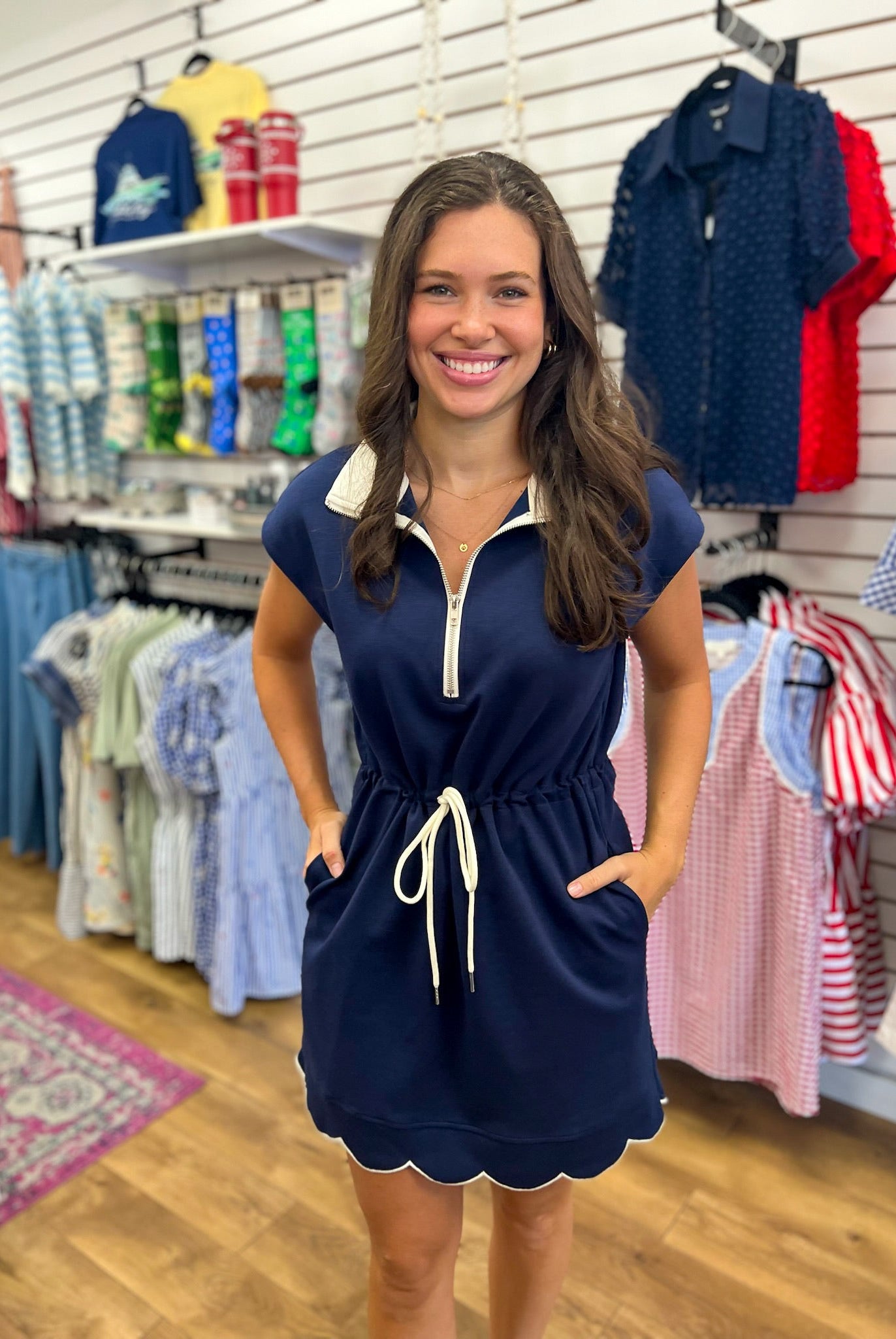 Navy Scuba Fabric Short Sleeve Dress with Drawstring Waist - A'Bekah's Boutique