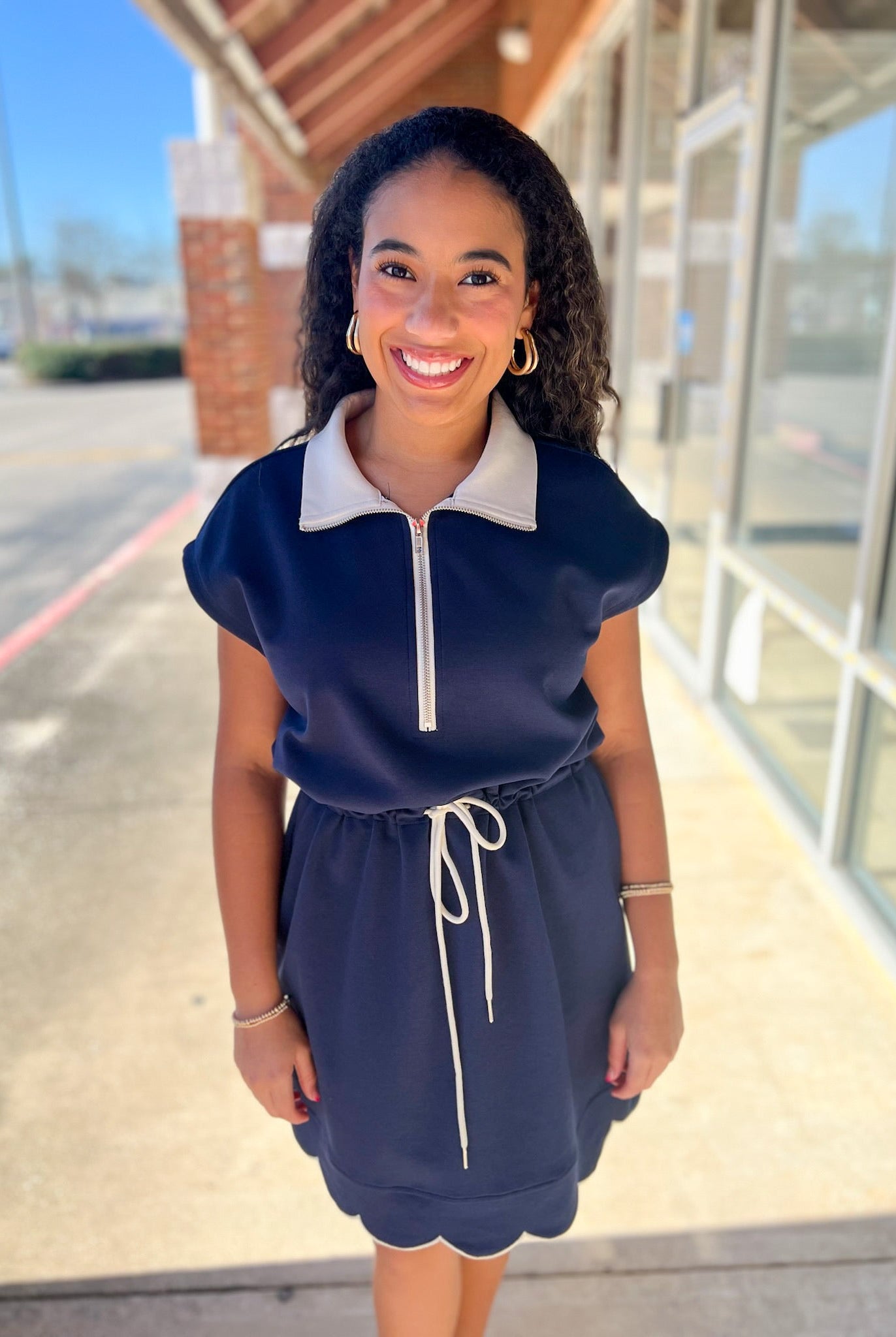 Navy Scuba Short Sleeve Dress with Drawstring Waist - A'Bekah's Boutique