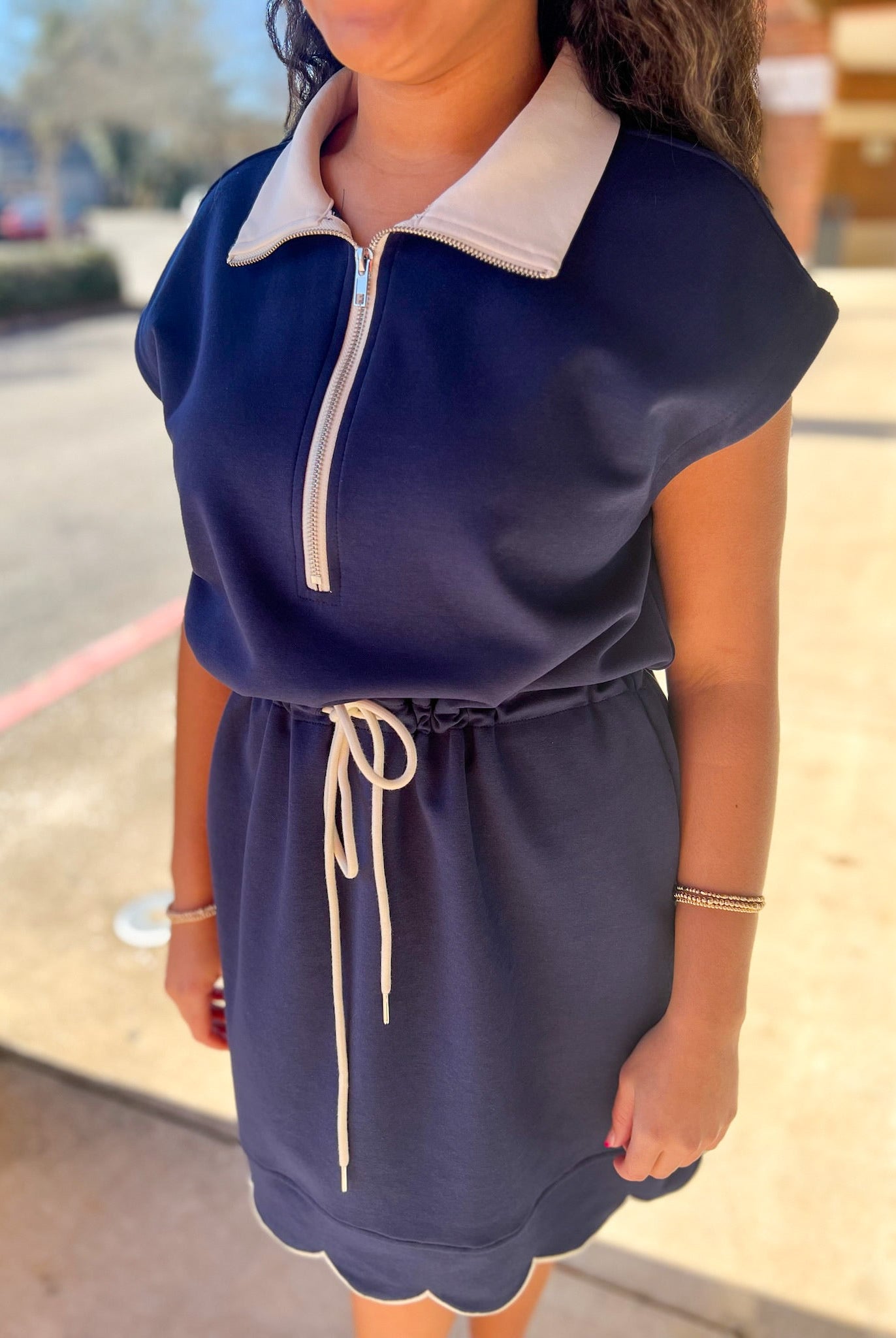 Navy Scuba Short Sleeve Dress with Drawstring Waist - A'Bekah's Boutique