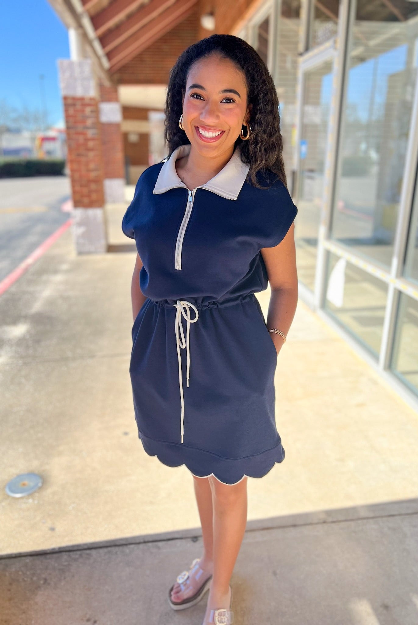 Navy Scuba Short Sleeve Dress with Drawstring Waist - A'Bekah's Boutique