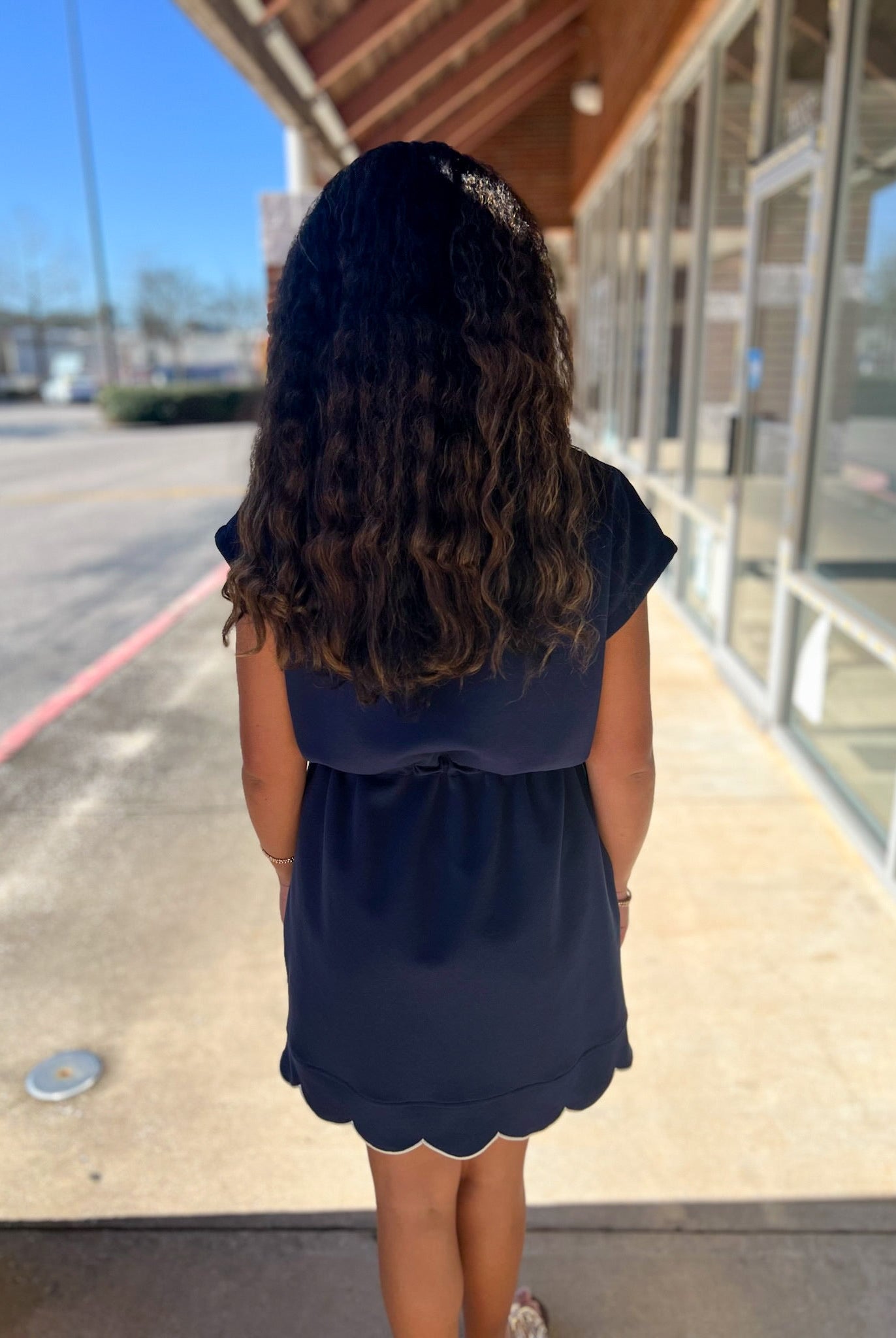 Navy Scuba Short Sleeve Dress with Drawstring Waist - A'Bekah's Boutique