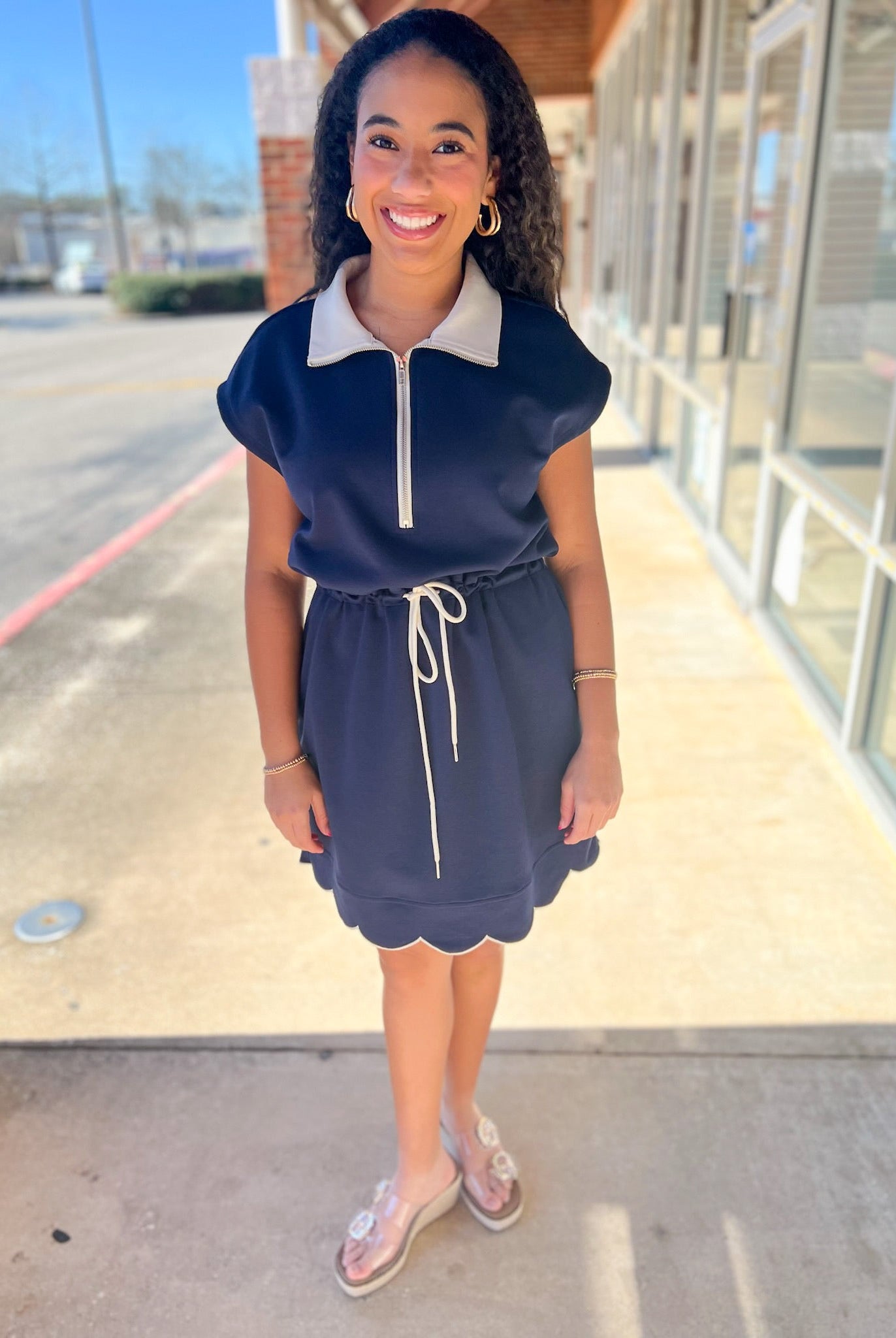 Navy Scuba Short Sleeve Dress with Drawstring Waist - A'Bekah's Boutique