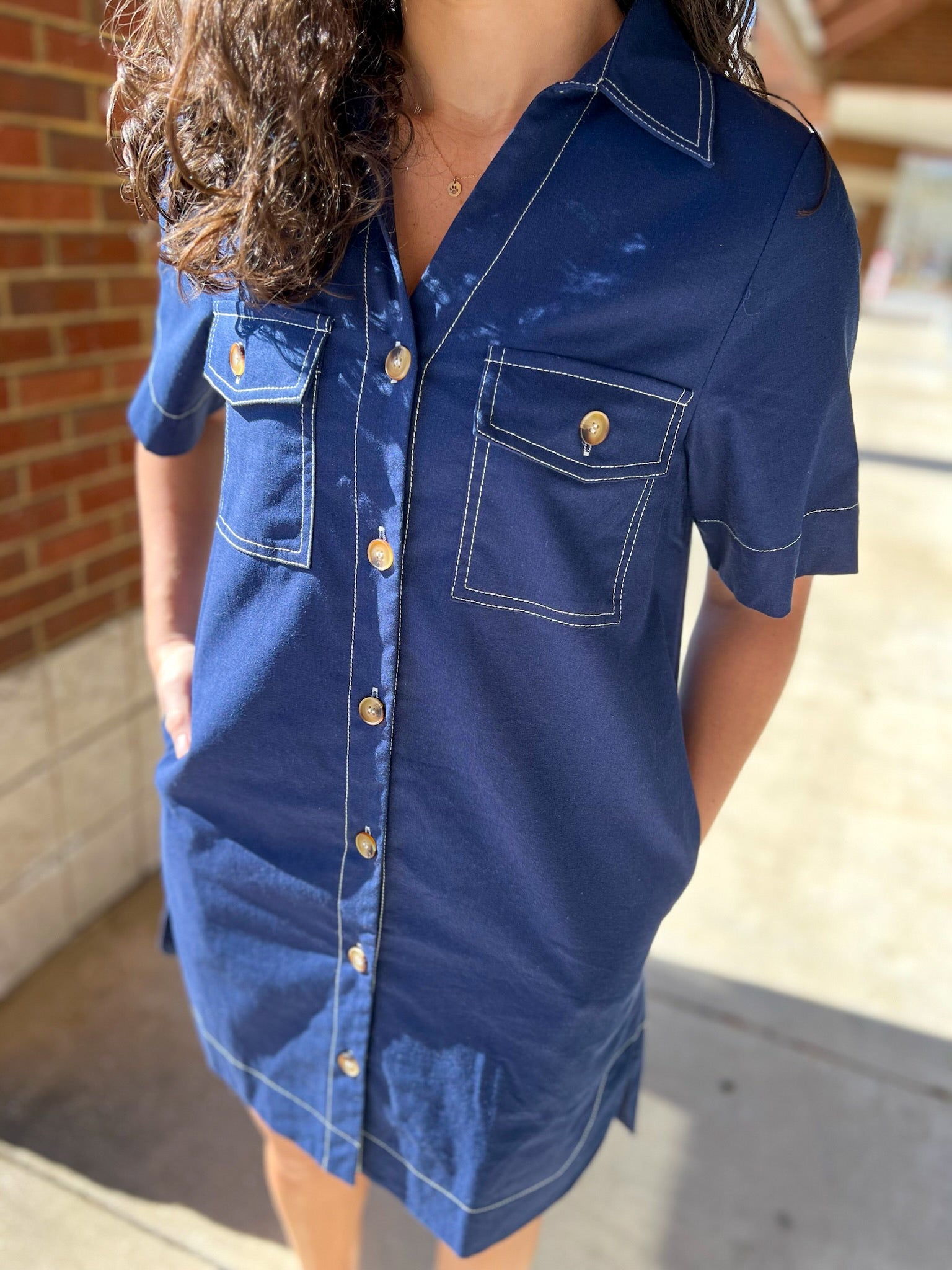Navy Short Sleeve Button Up Dress with Pockets - A'Bekah's Boutique
