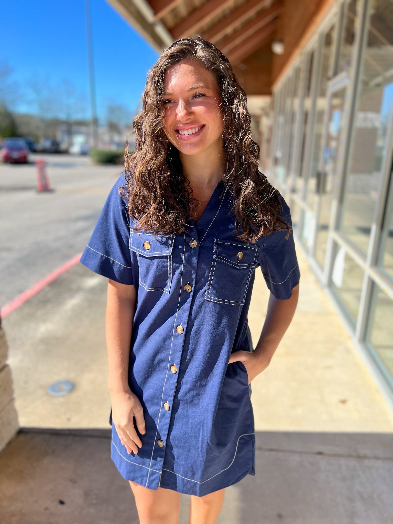 Navy Short Sleeve Button Up Dress with Pockets - A'Bekah's Boutique