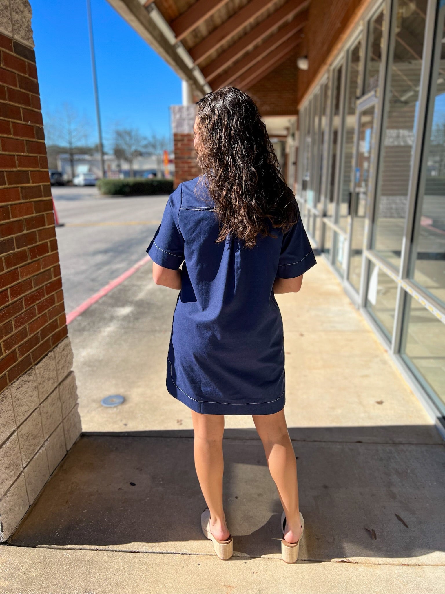 Navy Short Sleeve Button Up Dress with Pockets - A'Bekah's Boutique