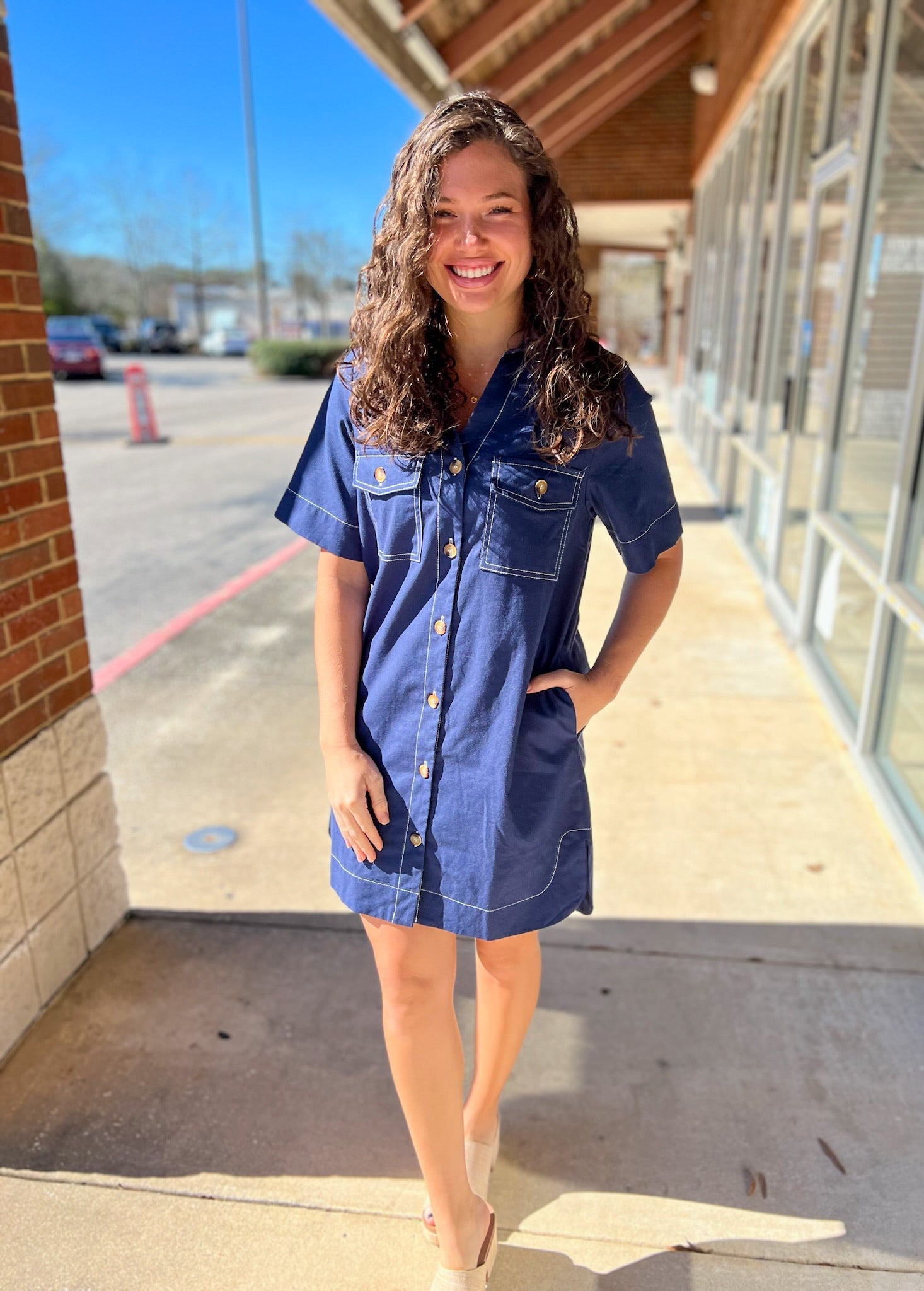 Navy Short Sleeve Button Up Dress with Pockets - A'Bekah's Boutique
