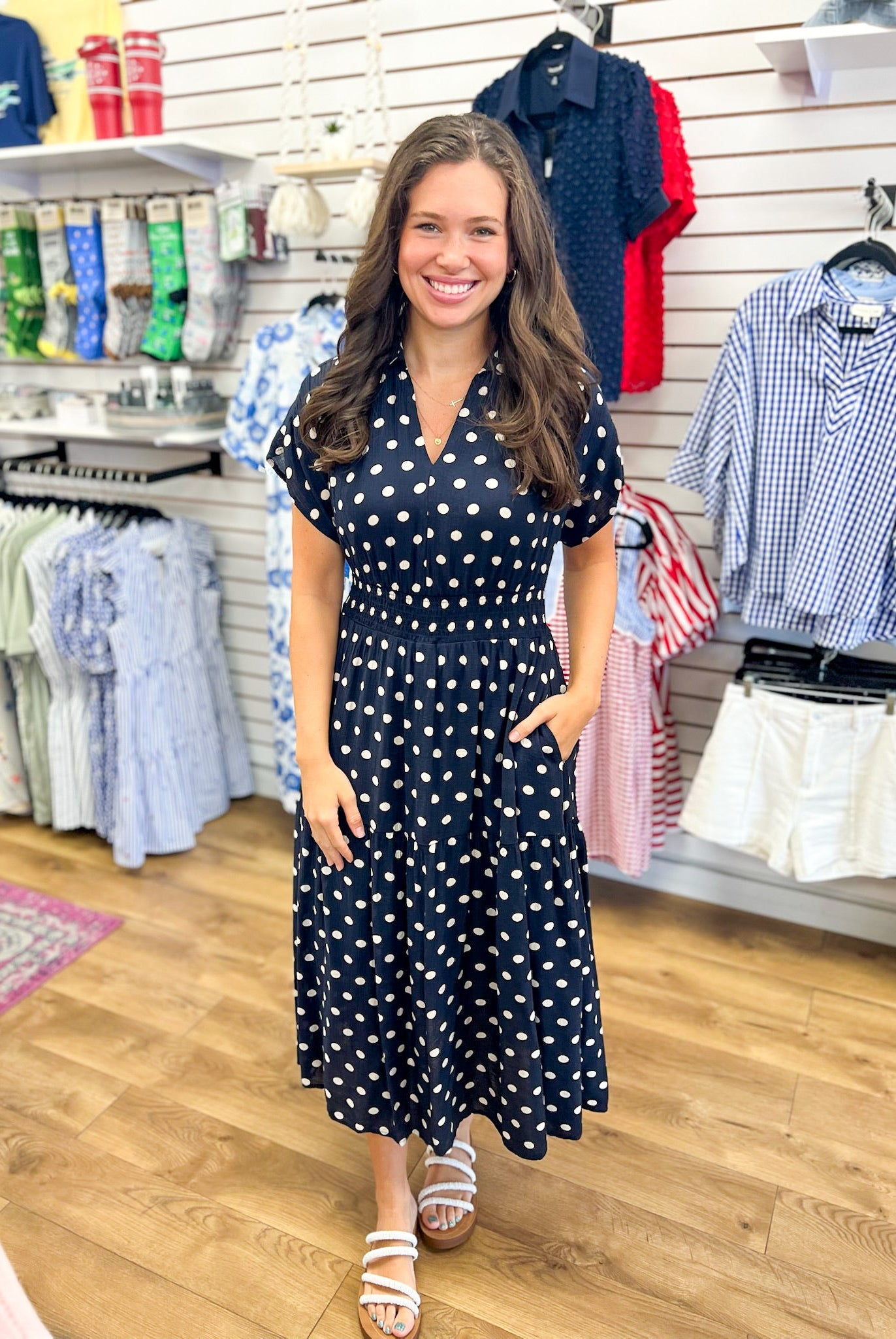 Navy Short Sleeve Polka Dot Midi Dress with Smocked Waist - A'Bekah's Boutique