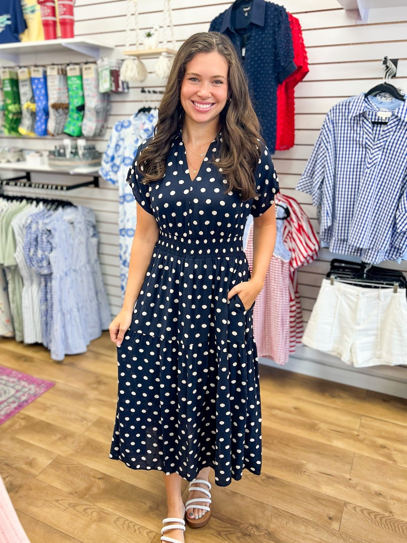 Navy Short Sleeve Polka Dot Midi Dress with Smocked Waist - A'Bekah's Boutique