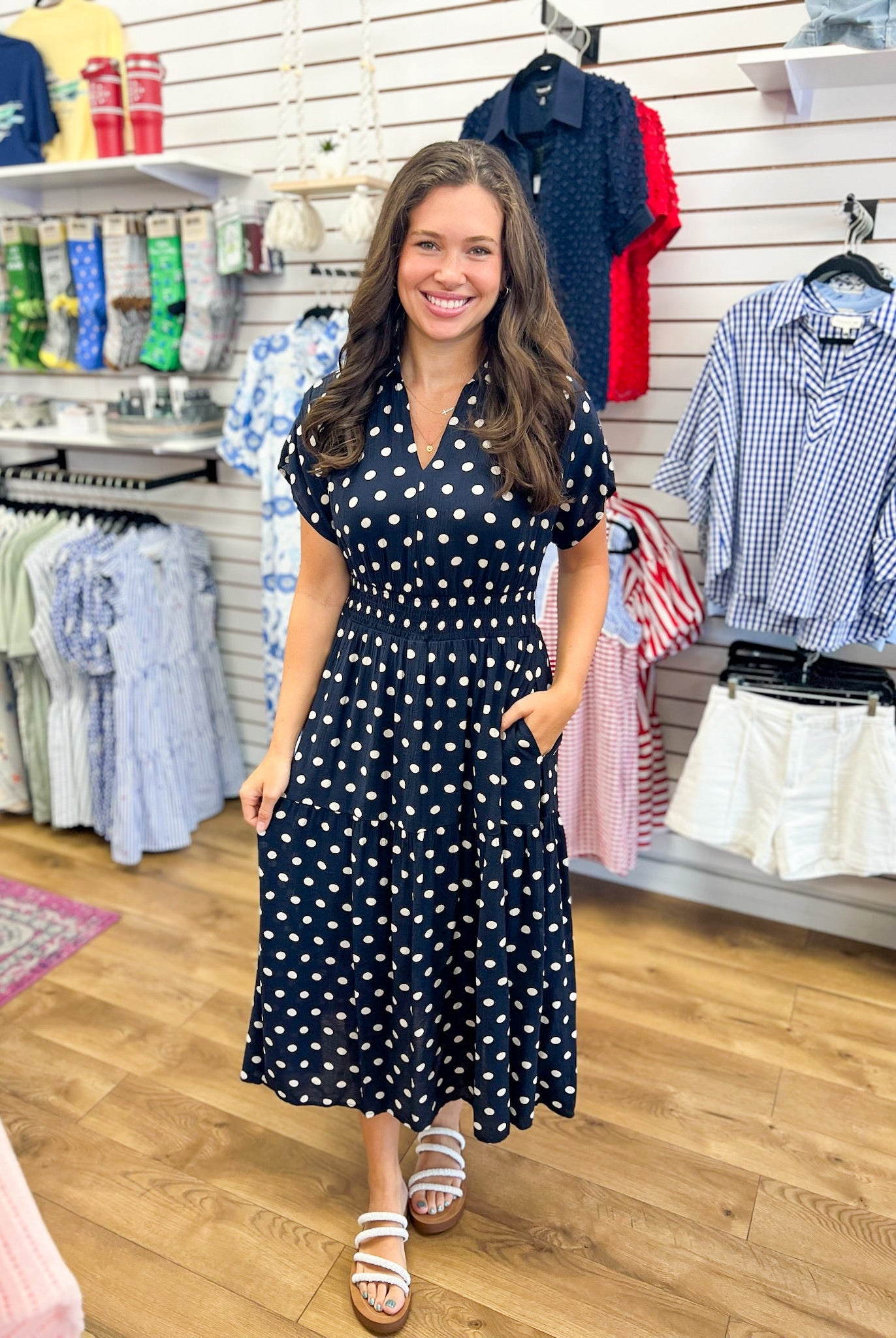 Navy Short Sleeve Polka Dot Midi Dress with Smocked Waist - A'Bekah's Boutique