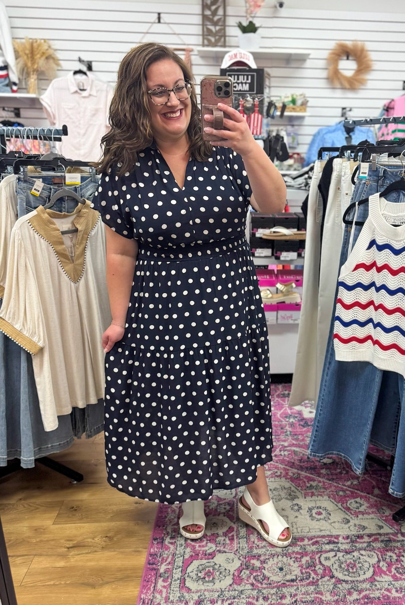 Navy Short Sleeve Polka Dot Midi Dress with Smocked Waist - A'Bekah's Boutique