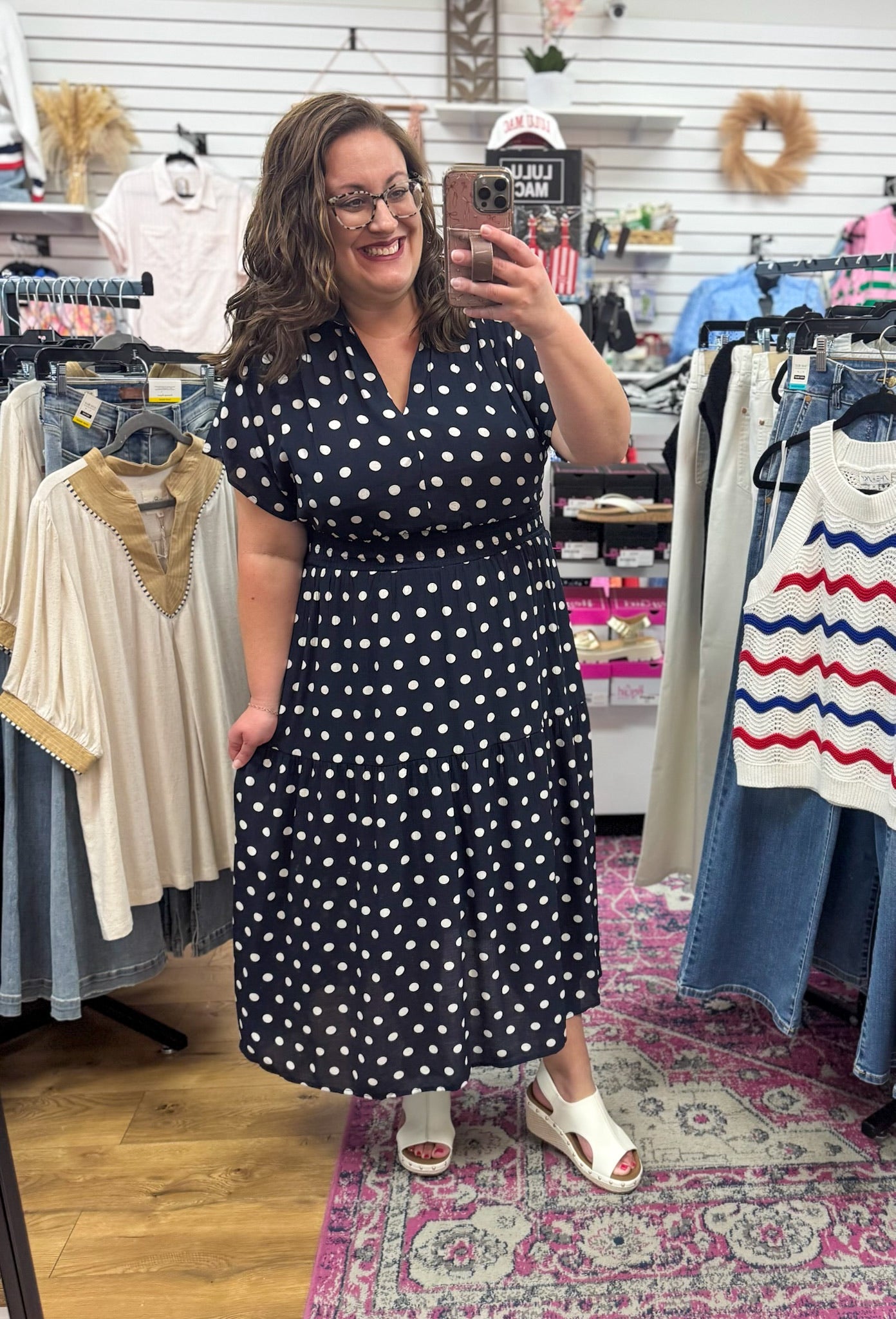 Navy Short Sleeve Polka Dot Midi Dress with Smocked Waist - A'Bekah's Boutique