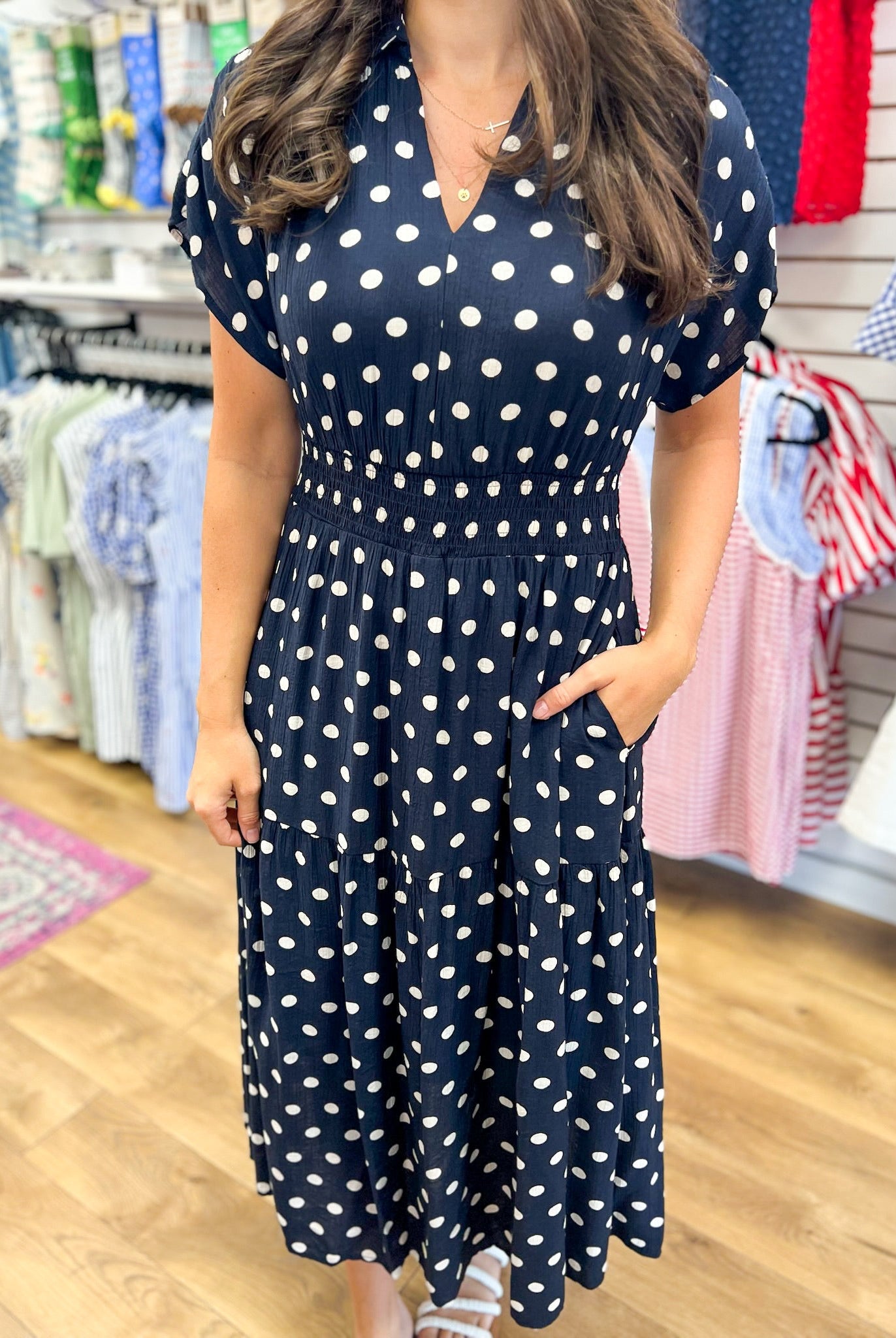 Navy Short Sleeve Polka Dot Midi Dress with Smocked Waist - A'Bekah's Boutique