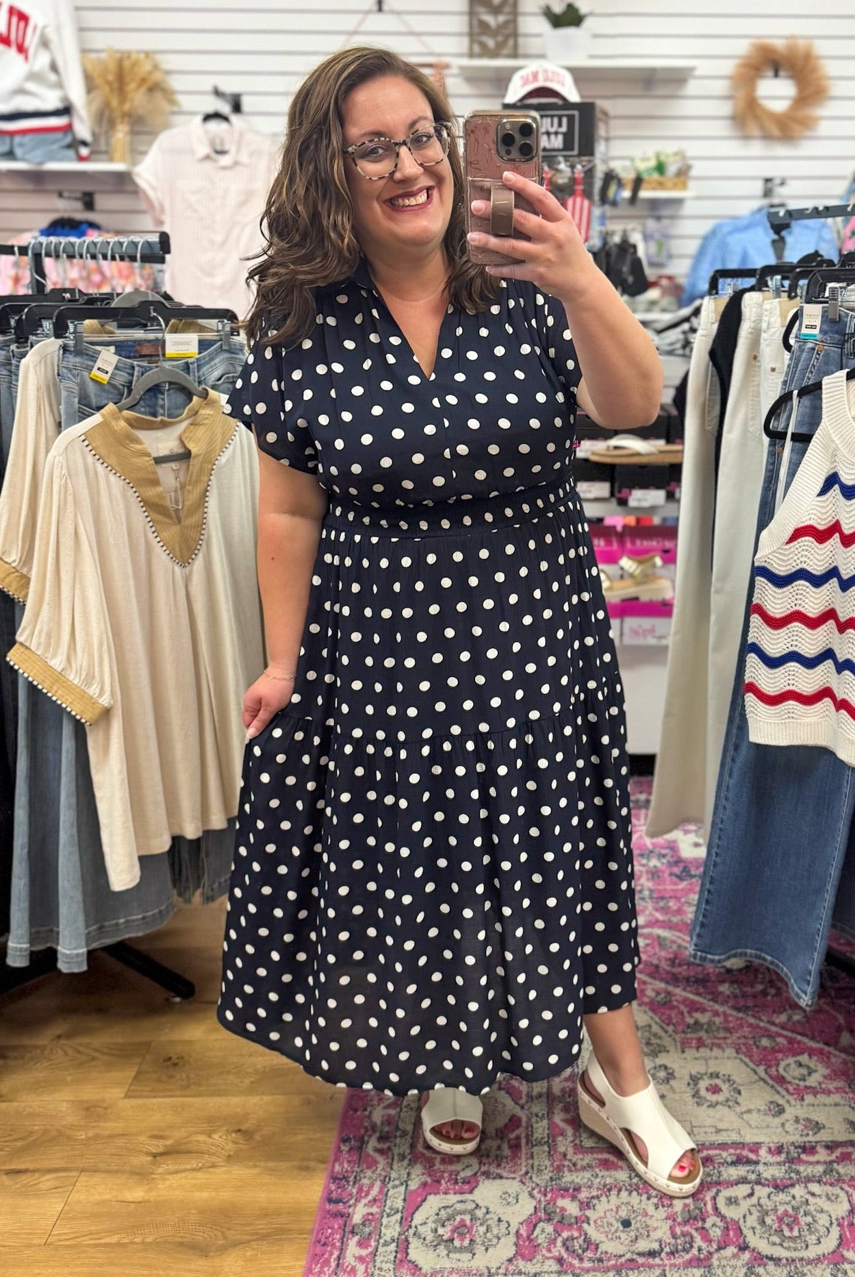 Navy Short Sleeve Polka Dot Midi Dress with Smocked Waist - A'Bekah's Boutique