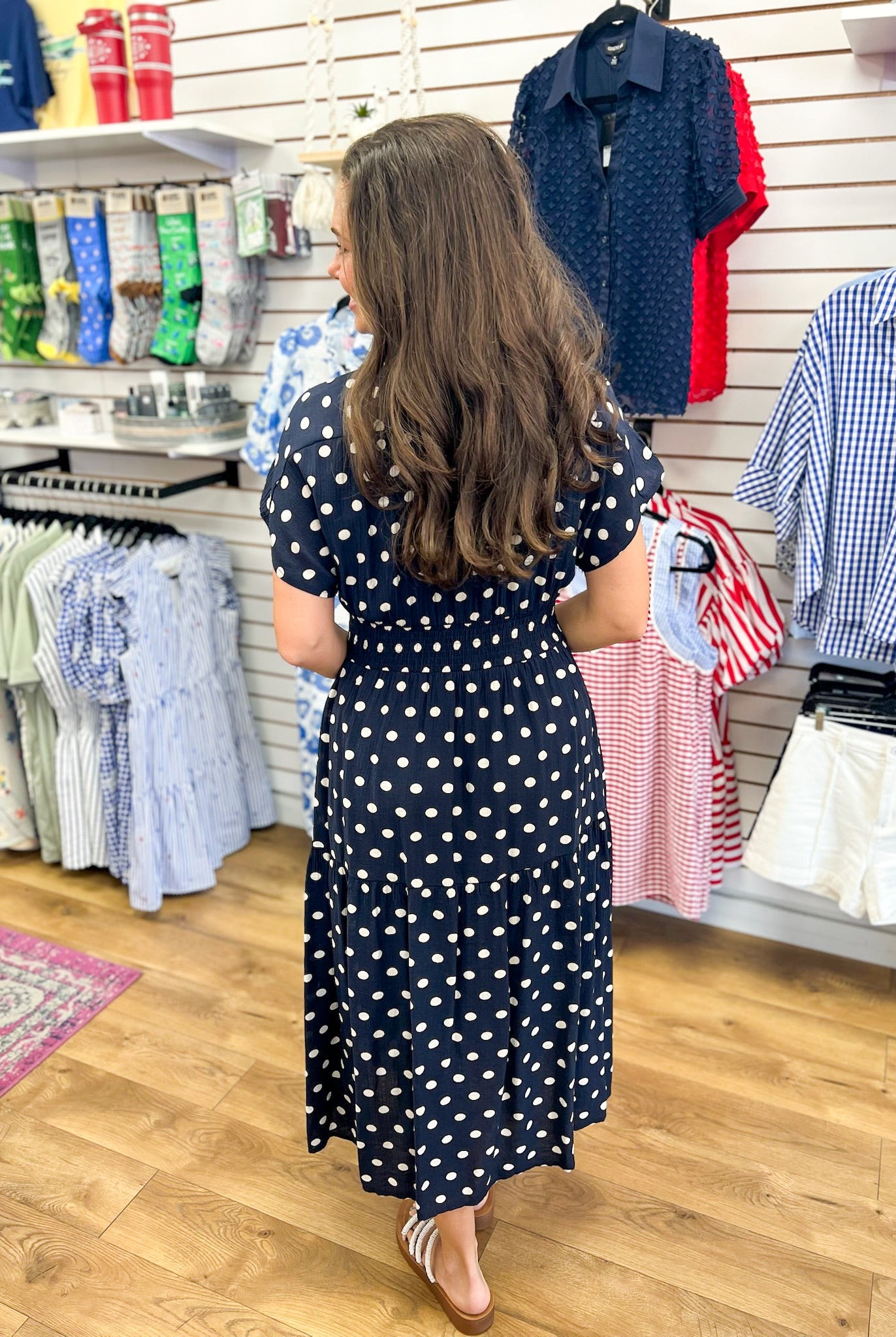 Navy Short Sleeve Polka Dot Midi Dress with Smocked Waist - A'Bekah's Boutique