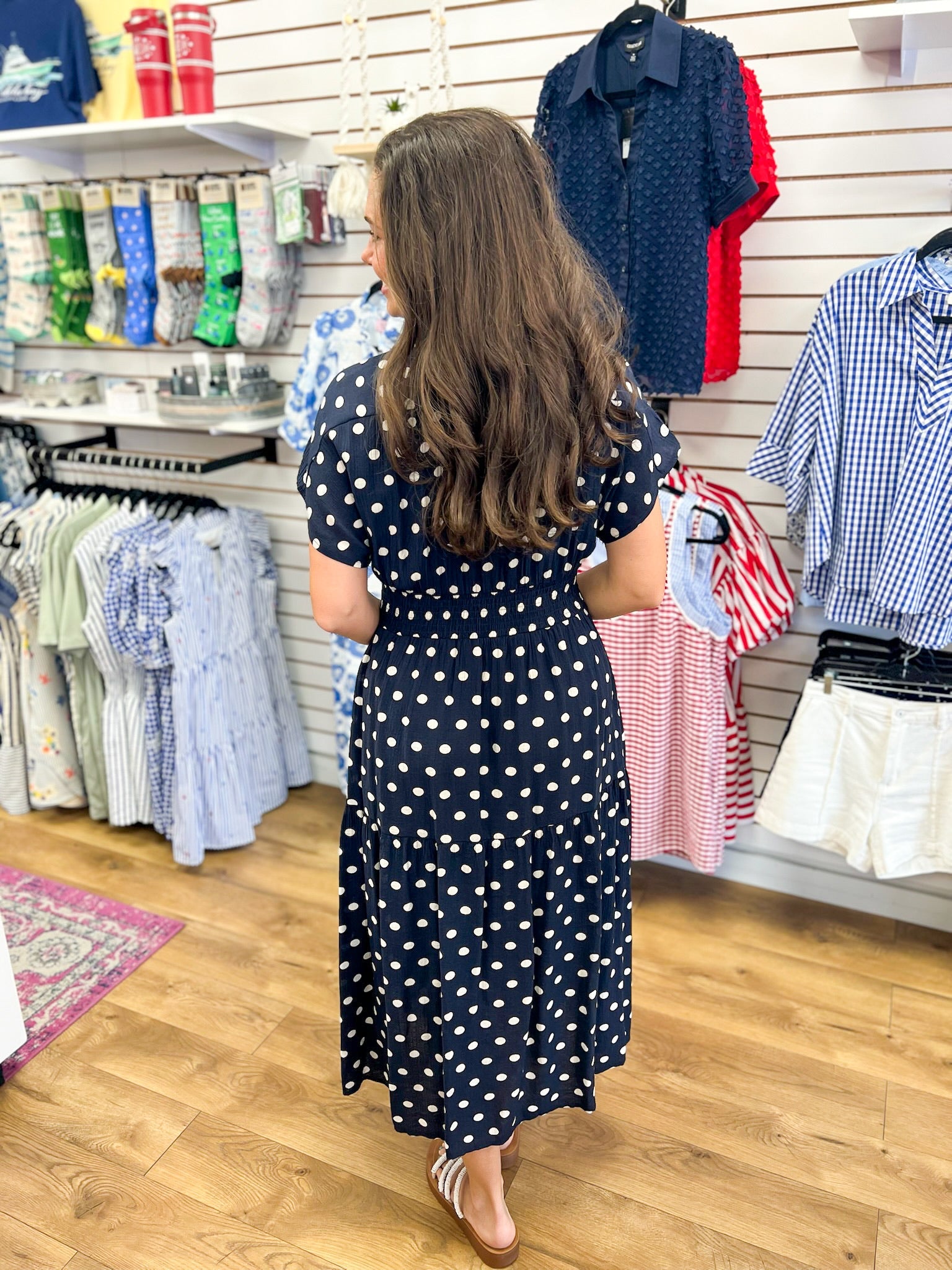 Navy Short Sleeve Polka Dot Midi Dress with Smocked Waist - A'Bekah's Boutique