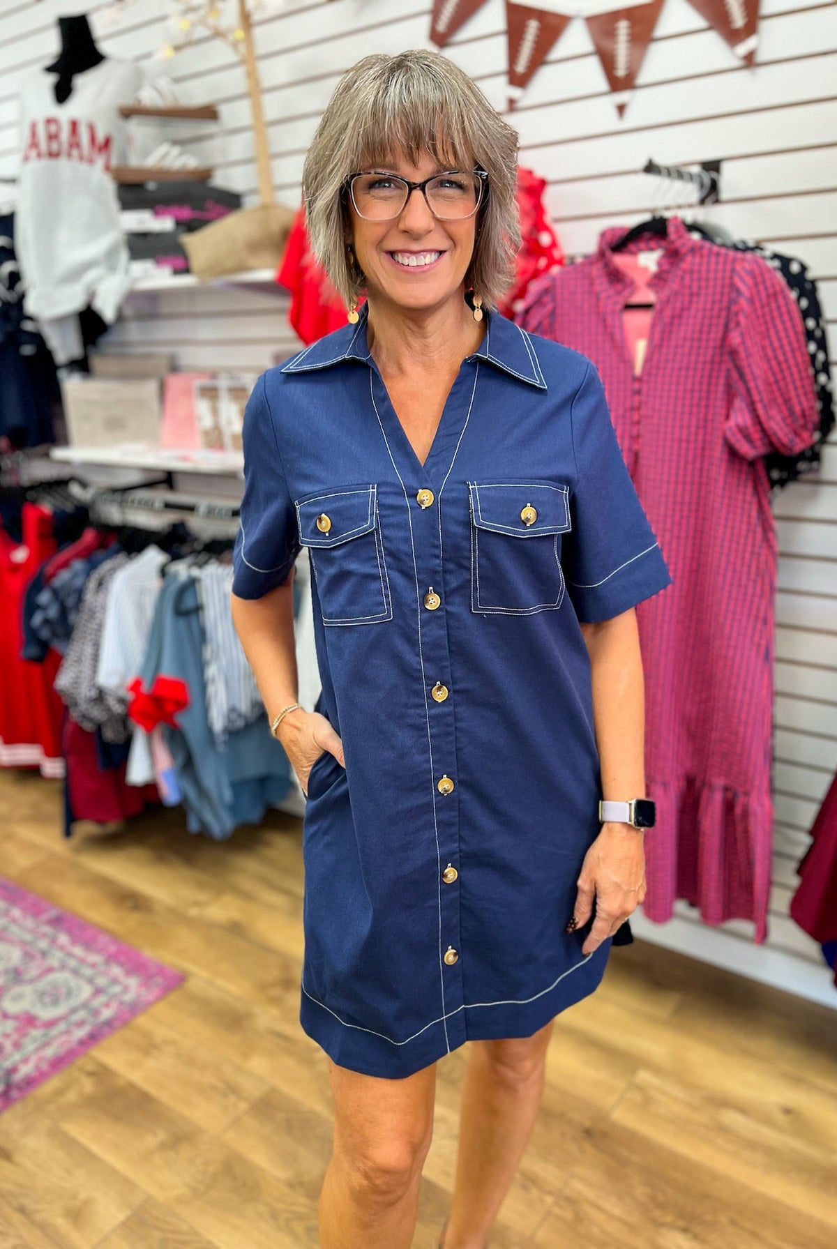 Navy Short Sleeve Shirt Dress with Pockets - A'Bekah's Boutique