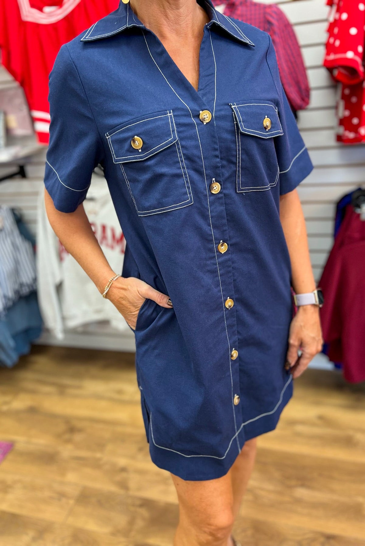 Navy Short Sleeve Shirt Dress with Pockets - A'Bekah's Boutique