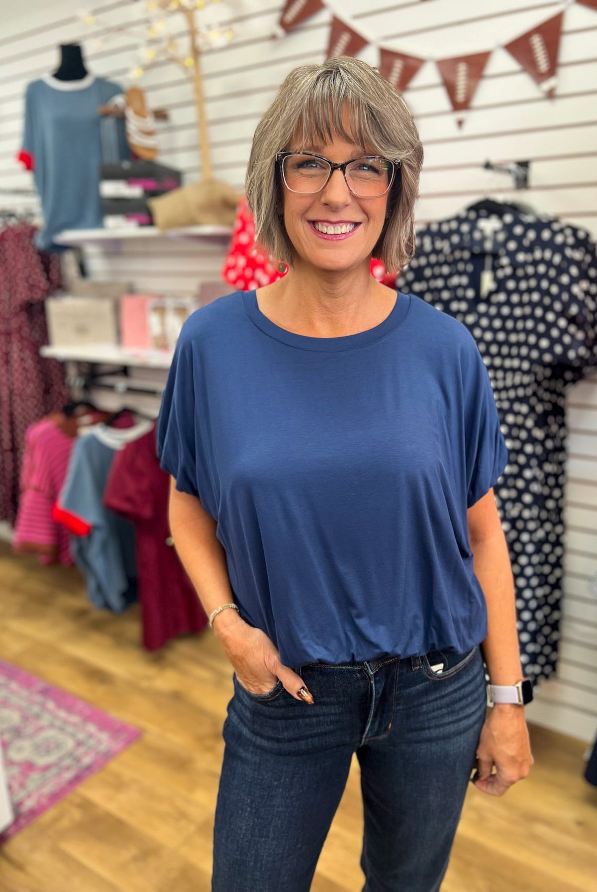 Navy Short Sleeve Top with Bubble Sleeves and Hem - A'Bekah's Boutique