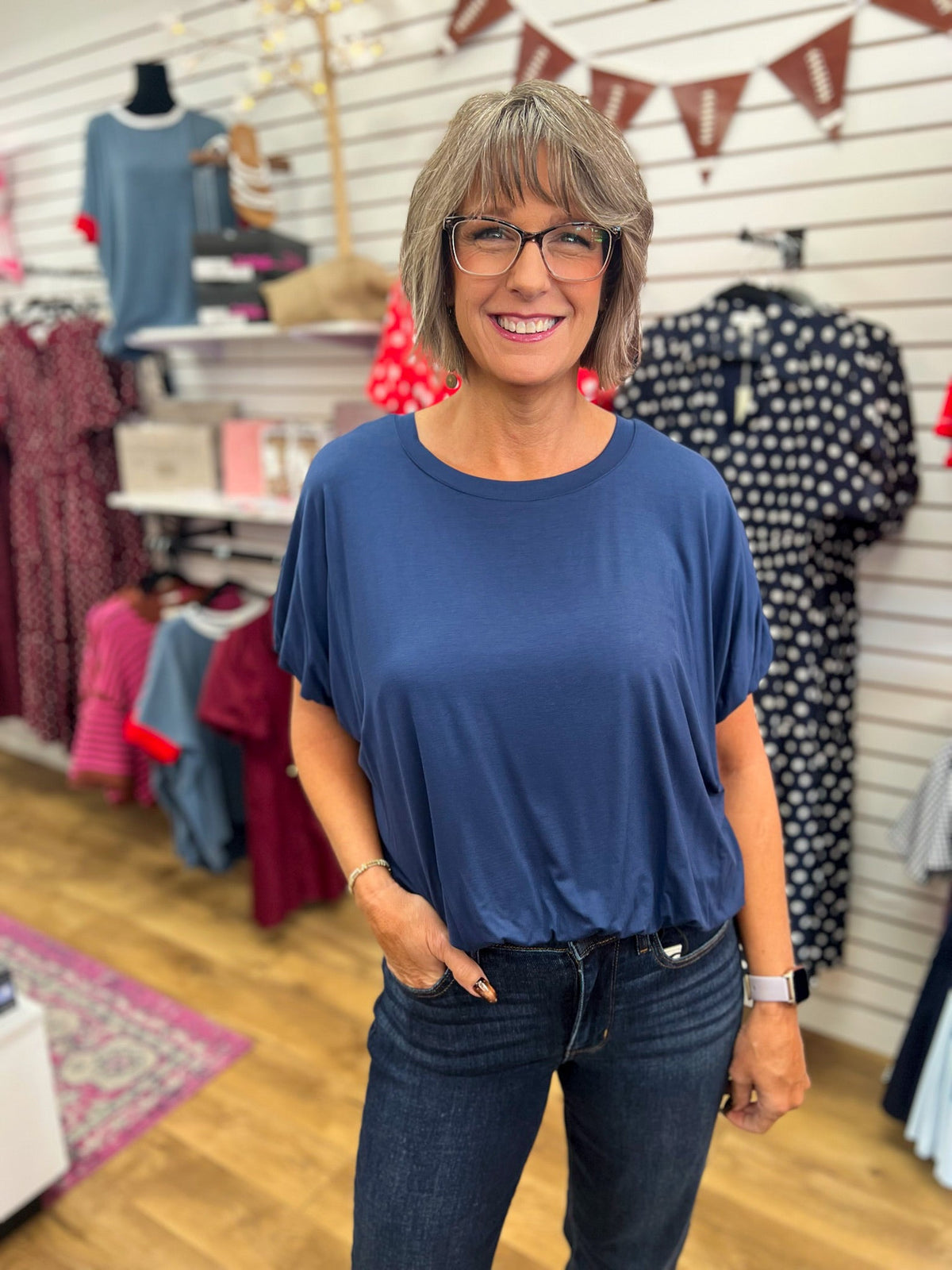 Navy Short Sleeve Top with Bubble Sleeves and Hem - A'Bekah's Boutique