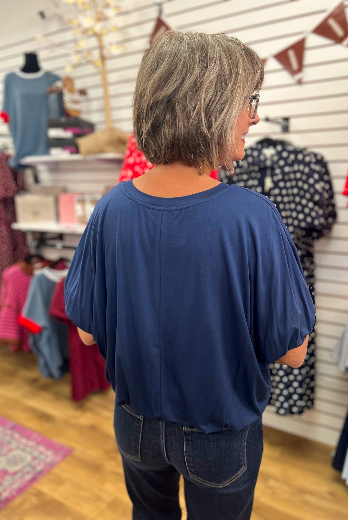 Navy Short Sleeve Top with Bubble Sleeves and Hem - A'Bekah's Boutique