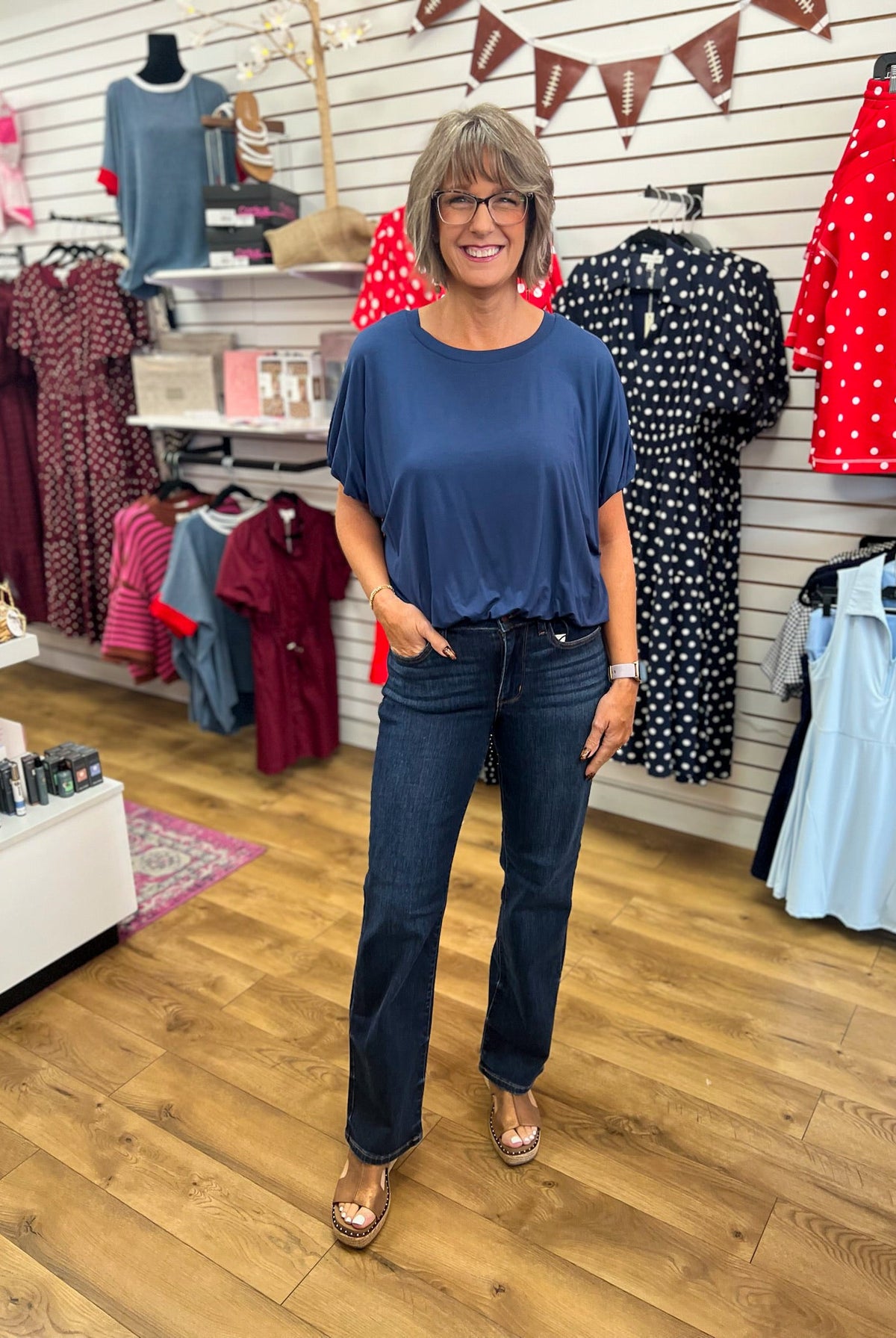 Navy Short Sleeve Top with Bubble Sleeves and Hem - A'Bekah's Boutique
