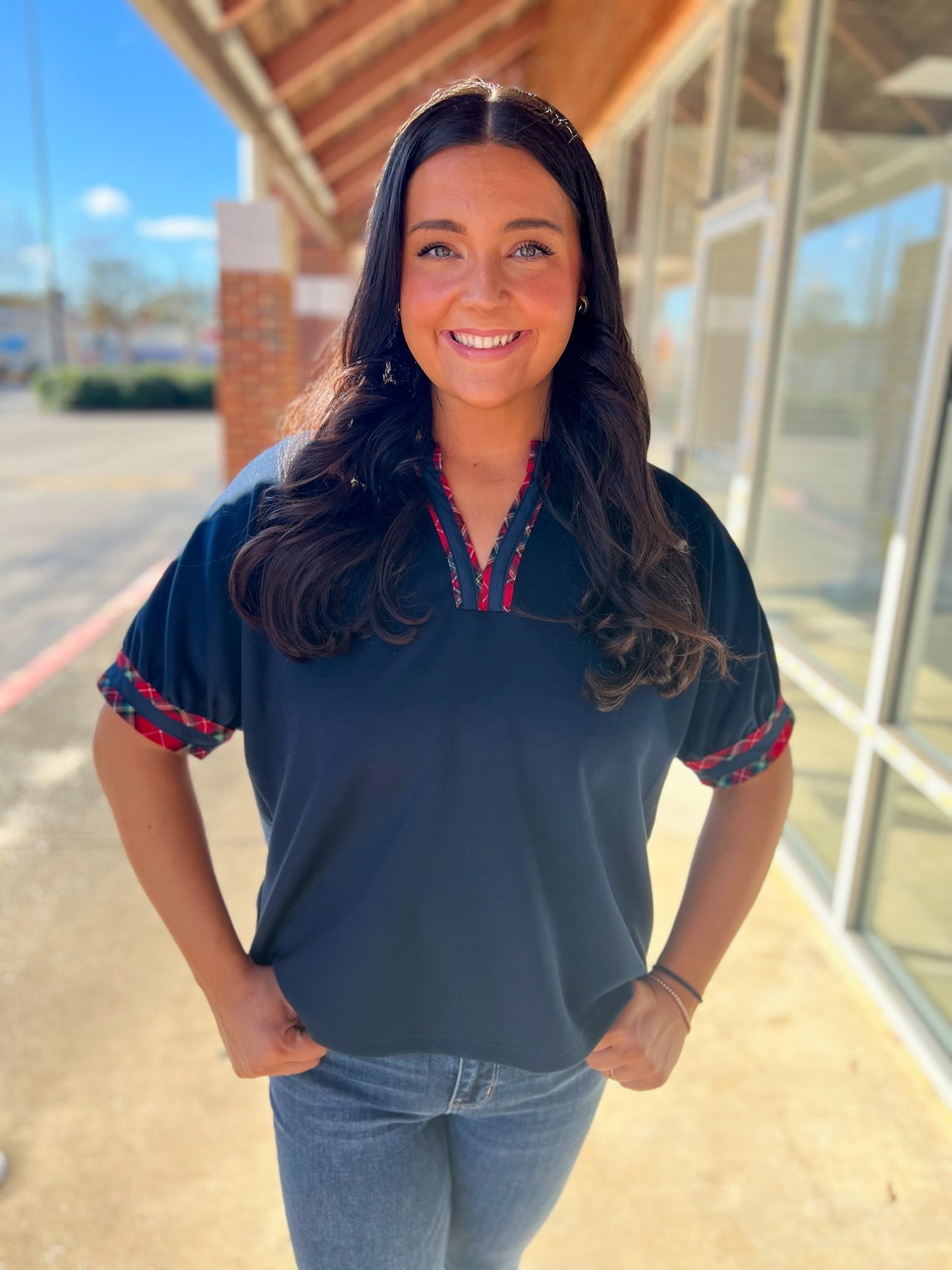 Navy Short Sleeve V - Neck Top with Plaid Binding Trim - A'Bekah's Boutique