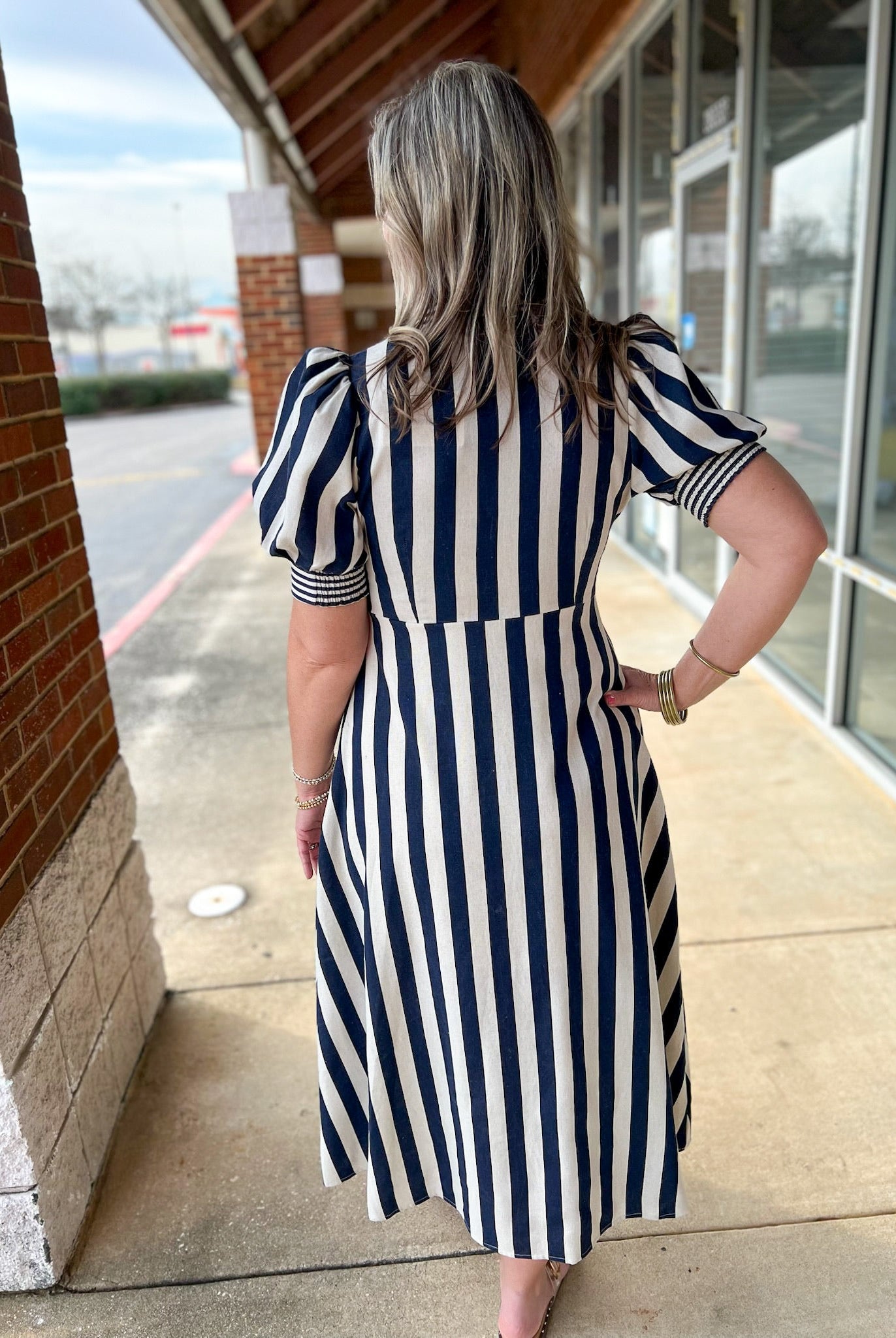 Navy Striped Button Up Midi Dress with Short Puff Sleeves - A'Bekah's Boutique