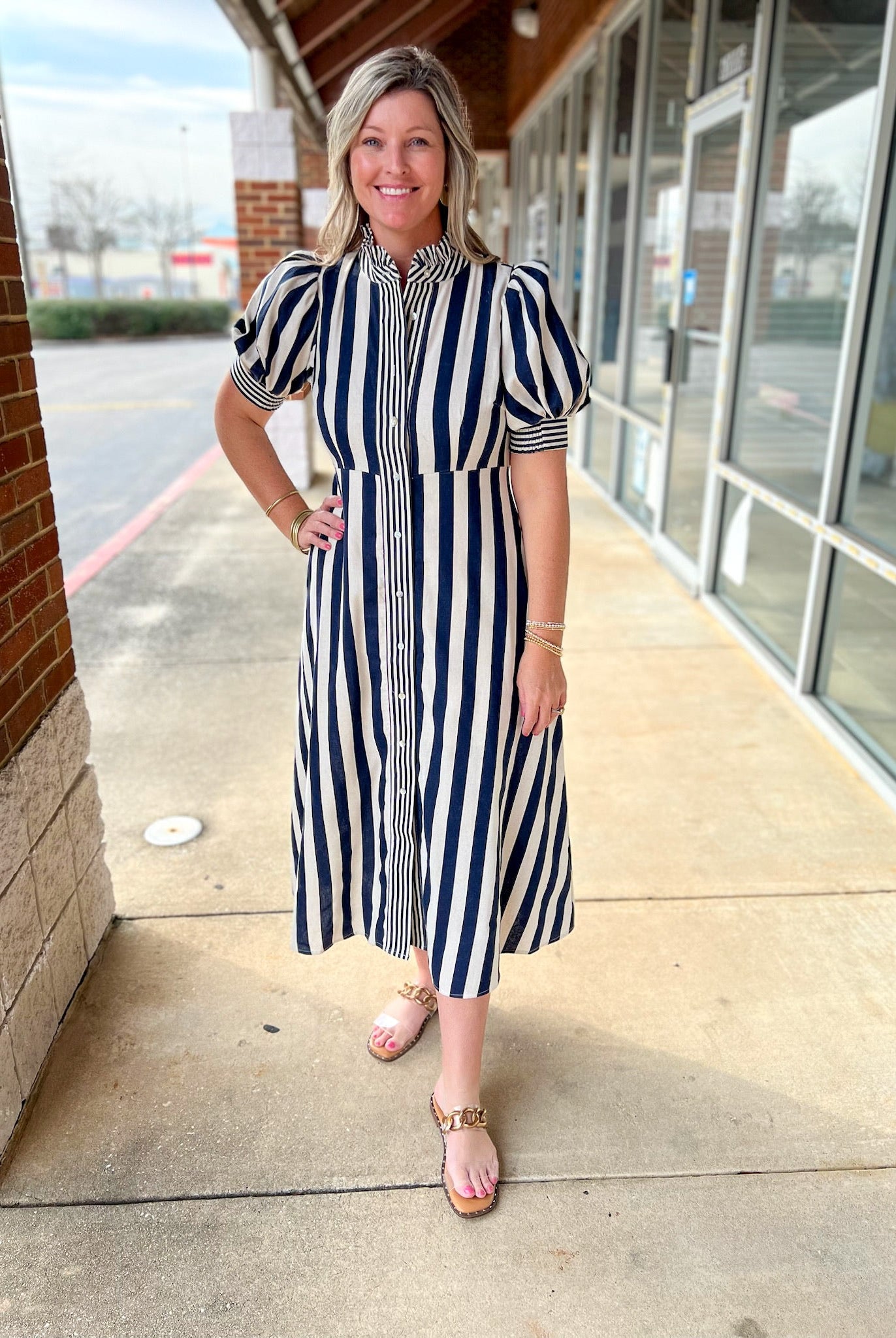 Navy Striped Button Up Midi Dress with Short Puff Sleeves - A'Bekah's Boutique