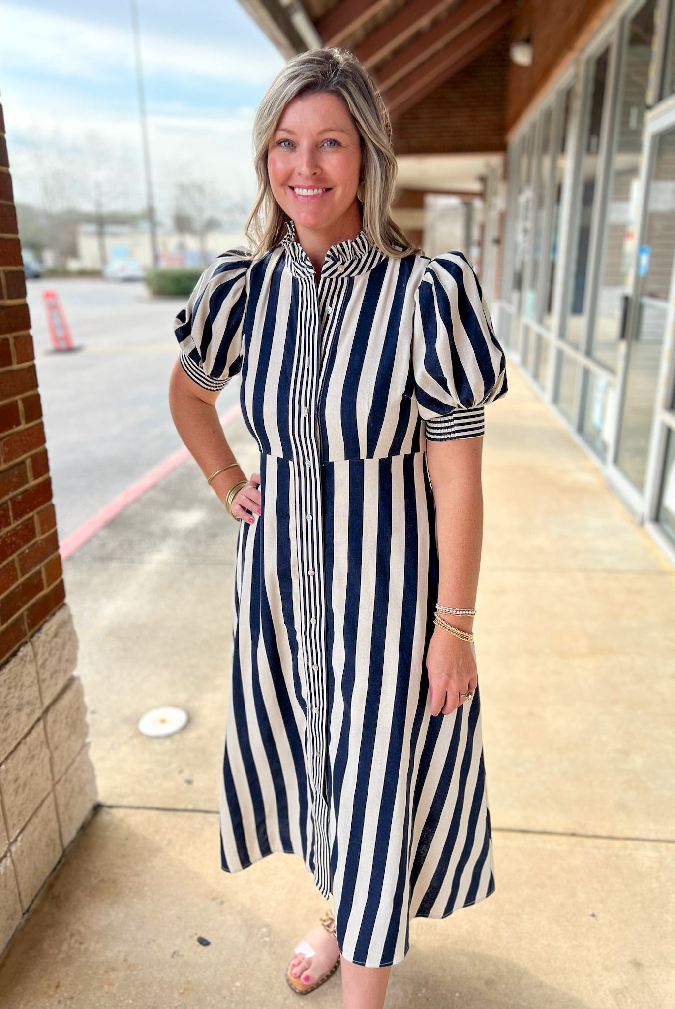 Navy Striped Button Up Midi Dress with Short Puff Sleeves - A'Bekah's Boutique