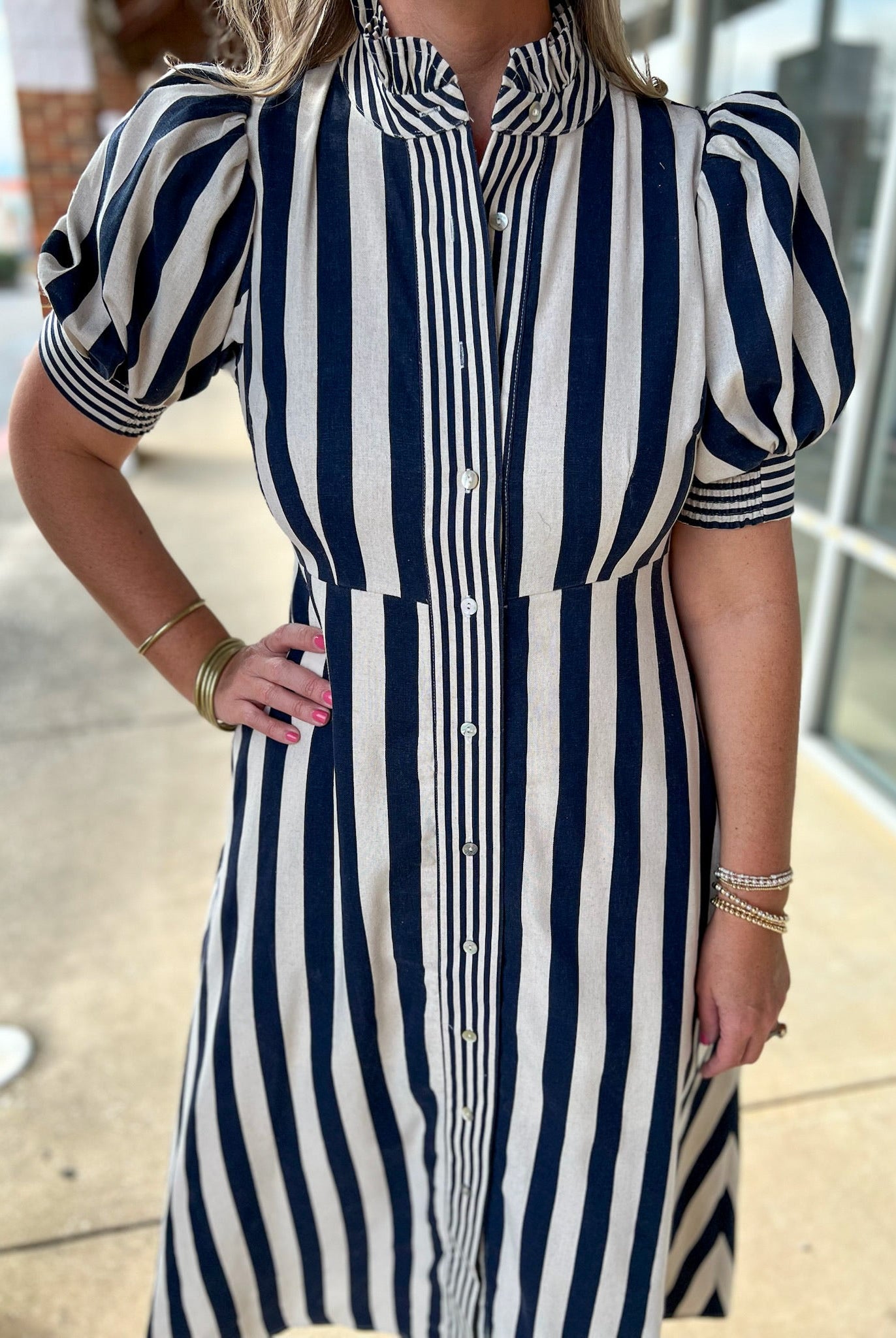 Navy Striped Button Up Midi Dress with Short Puff Sleeves - A'Bekah's Boutique