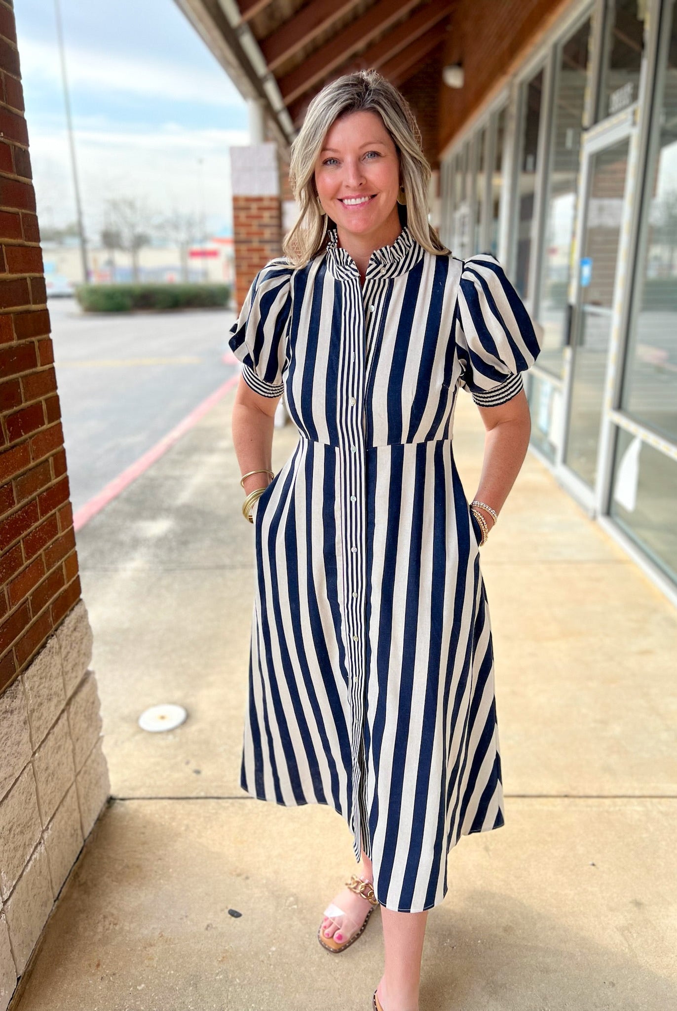 Navy Striped Button Up Midi Dress with Short Puff Sleeves - A'Bekah's Boutique