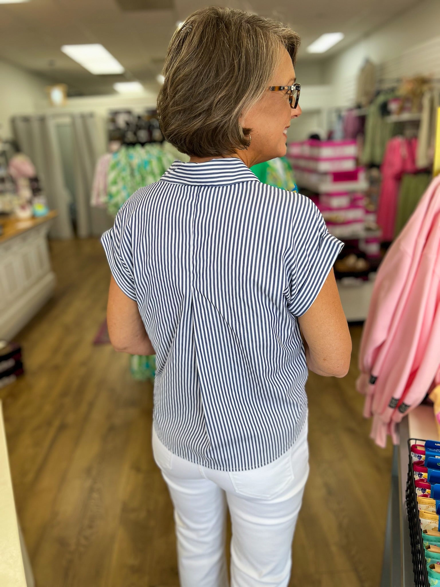Navy Striped Button Up Top with Short Rolled Sleeves - A'Bekah's Boutique