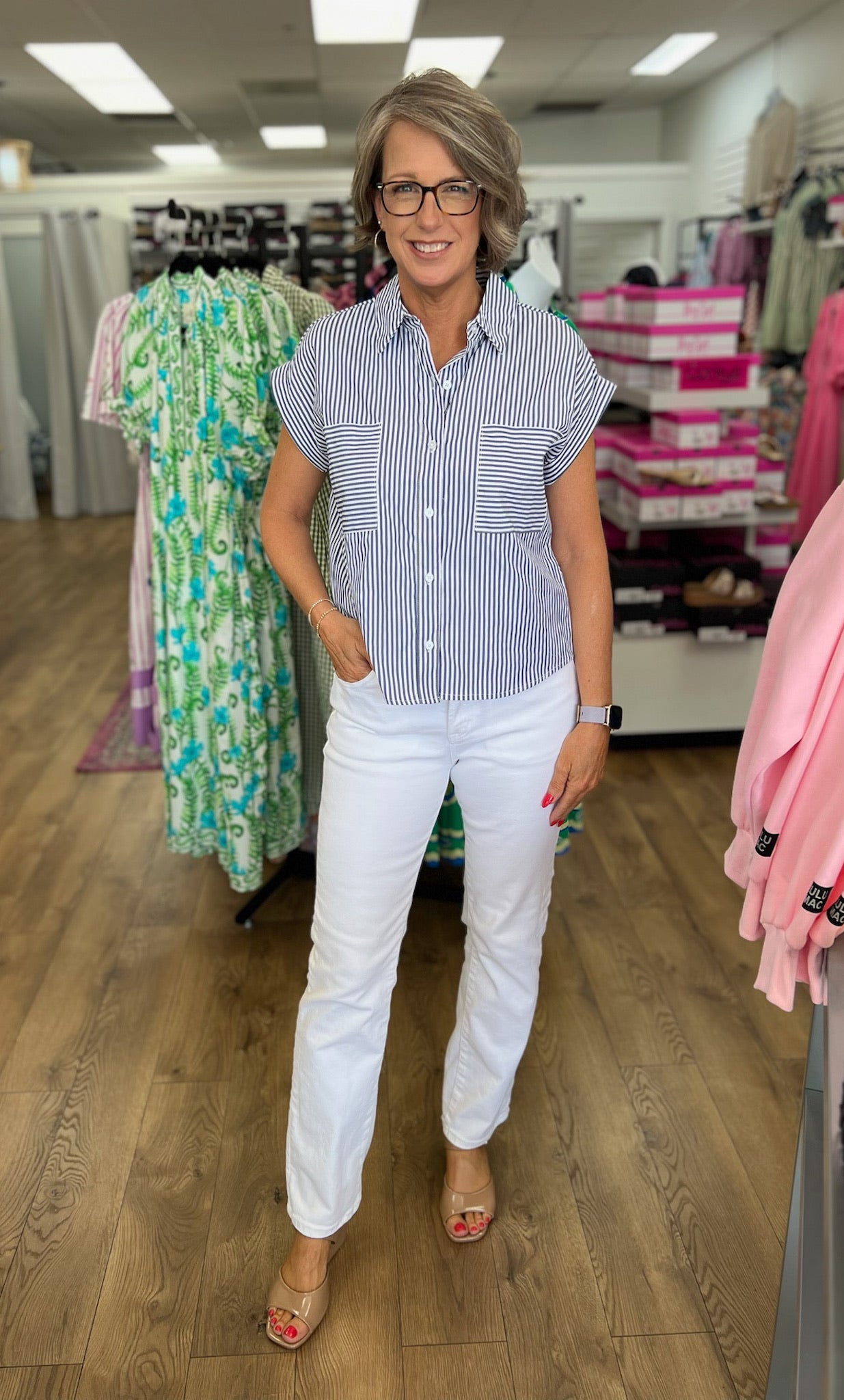 Navy Striped Button Up Top with Short Rolled Sleeves - A'Bekah's Boutique