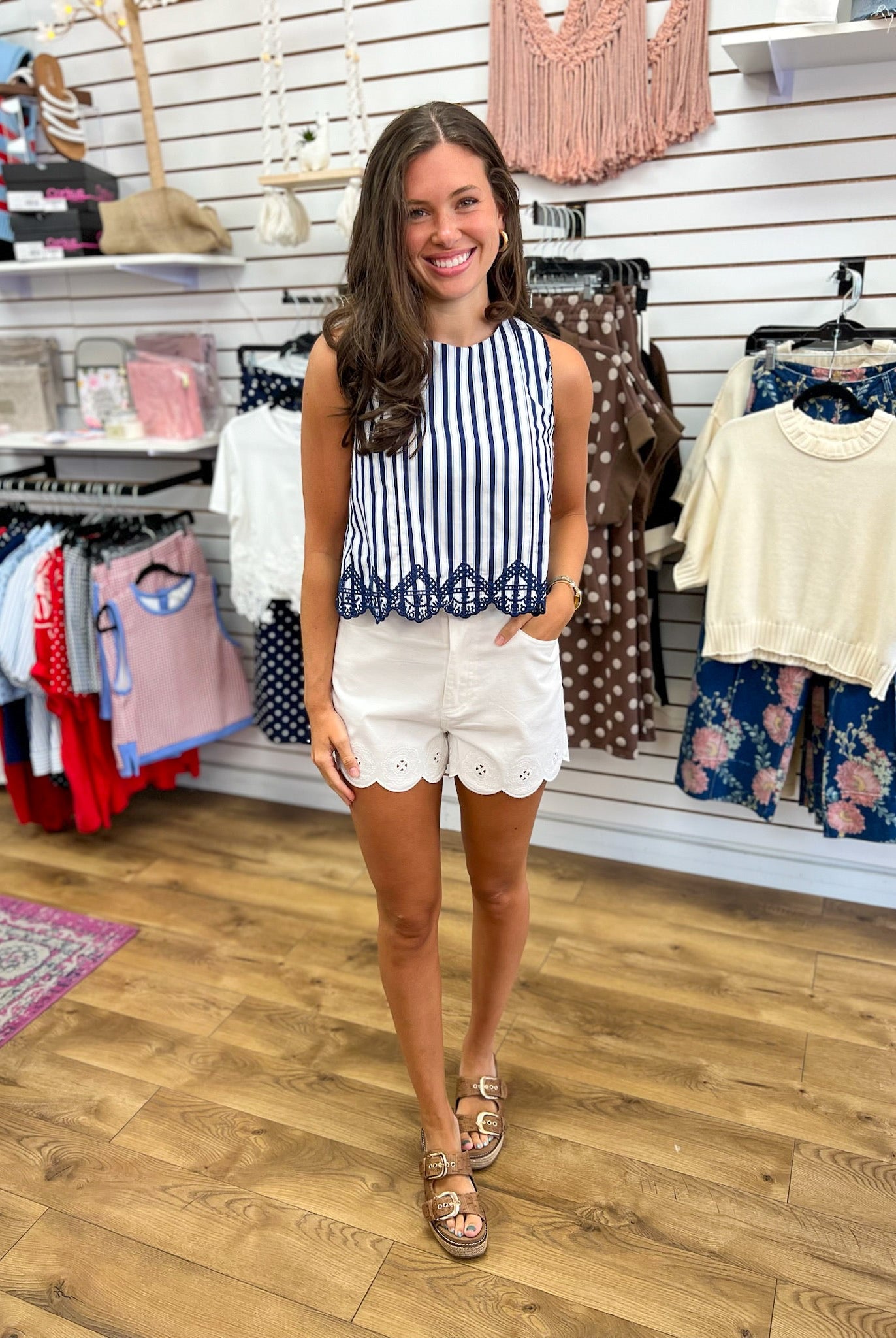 Navy Striped Sleeveless Top with Embroidered Hem - A'Bekah's Boutique