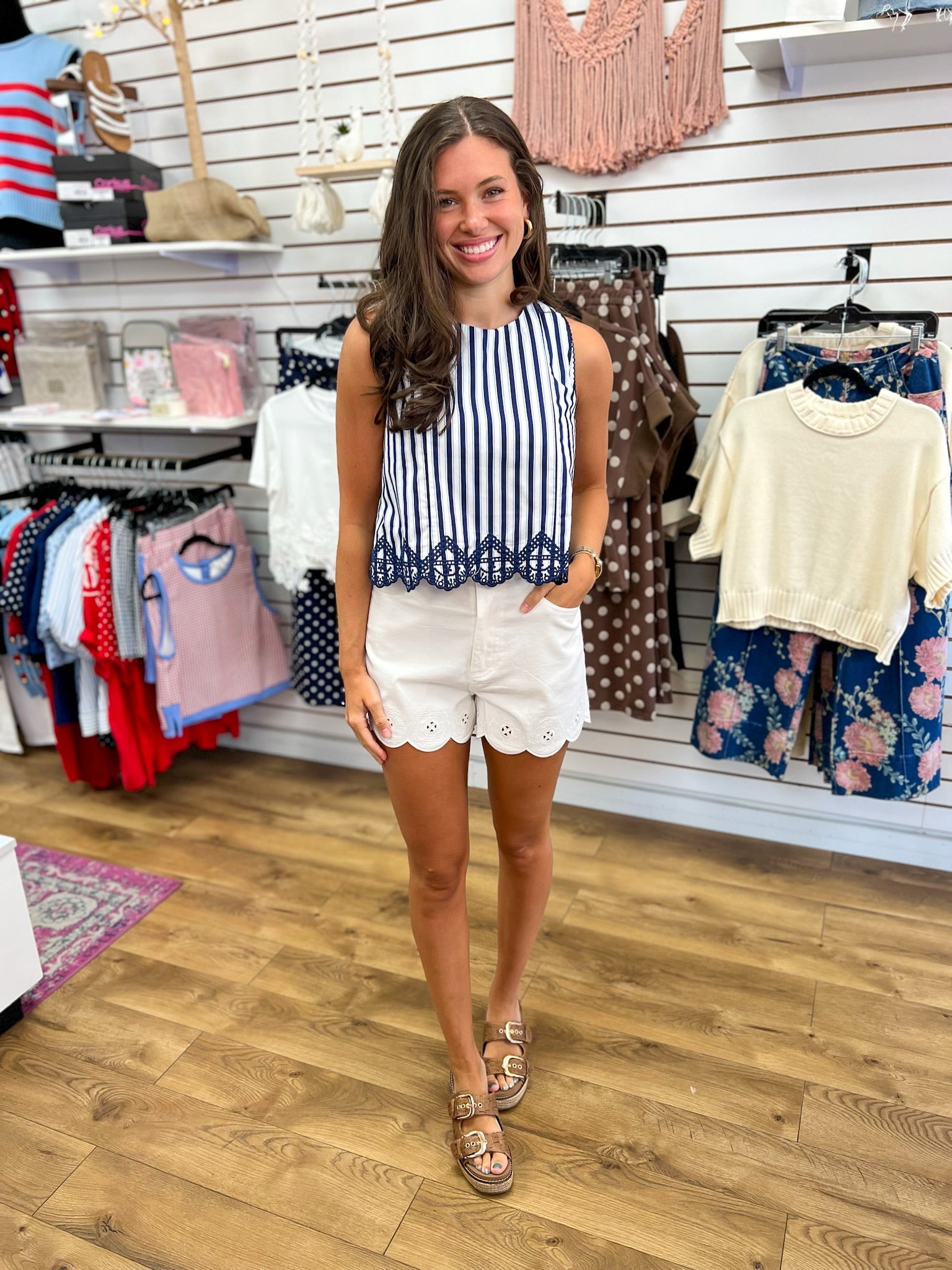 Navy Striped Sleeveless Top with Embroidered Hem - A'Bekah's Boutique