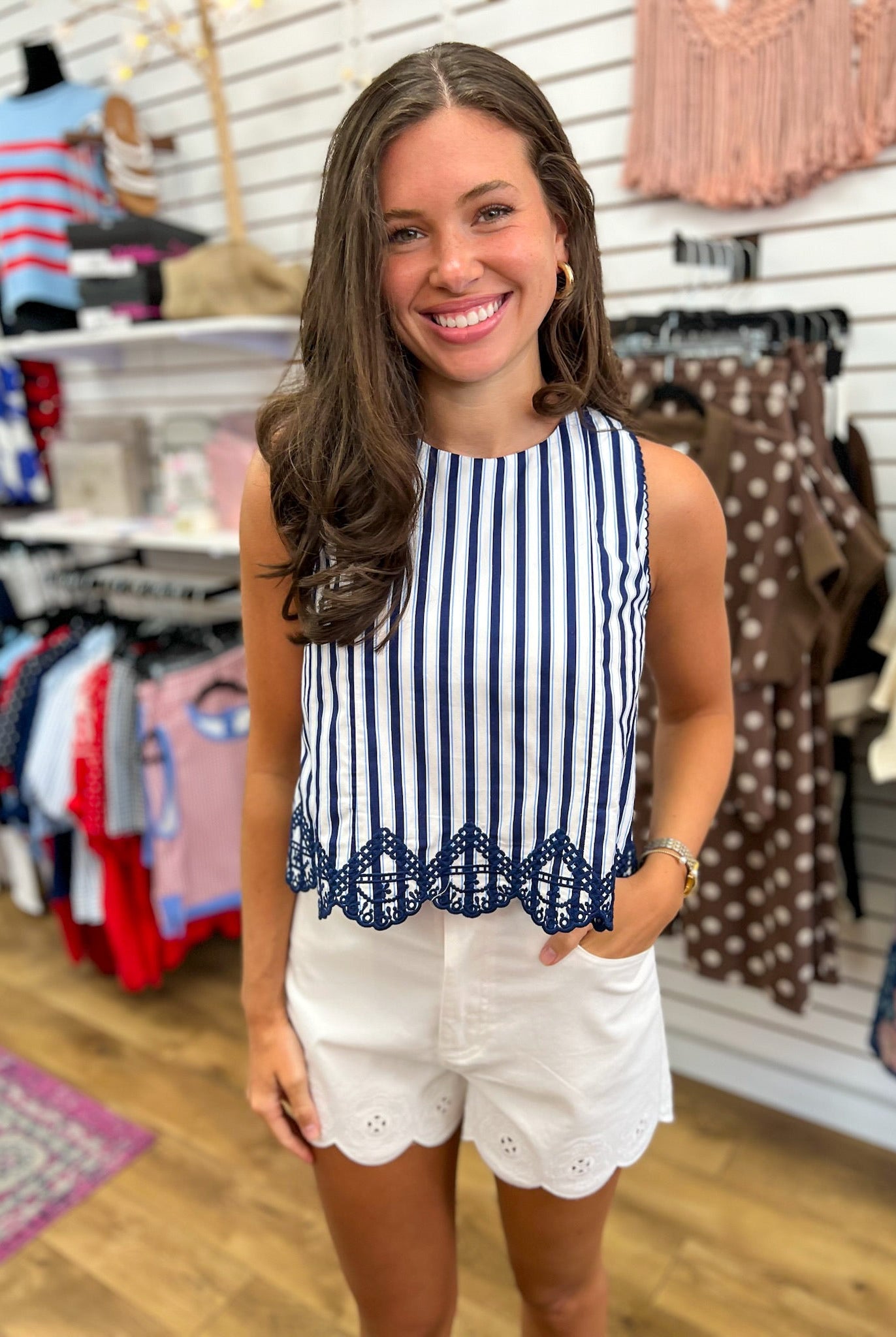 Navy Striped Sleeveless Top with Embroidered Hem - A'Bekah's Boutique
