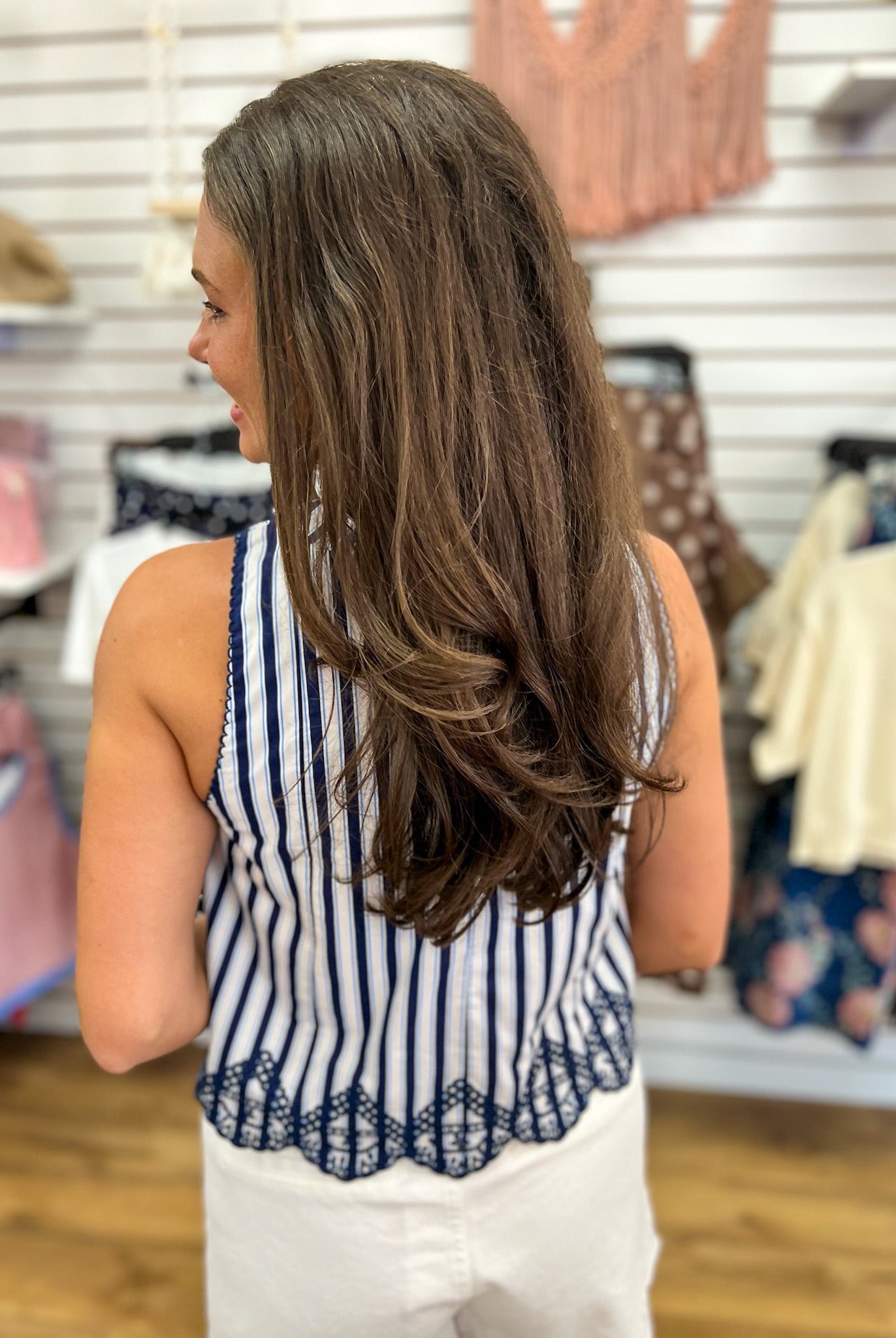 Navy Striped Sleeveless Top with Embroidered Hem - A'Bekah's Boutique