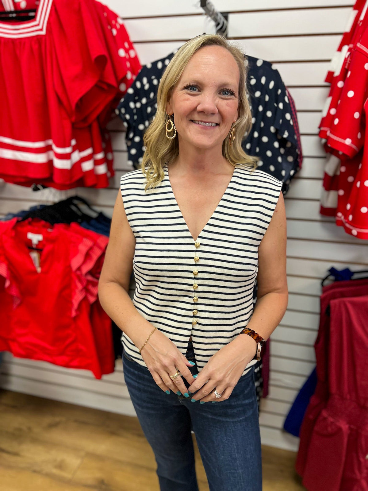 Navy Striped Sleeveless Vest with Gold Button Details - A'Bekah's Boutique