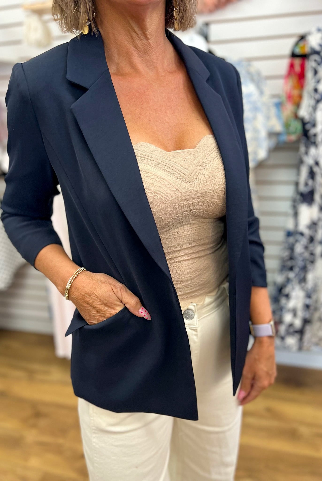 Navy Tailored Blazer with Shirred Sleeves - A'Bekah's Boutique