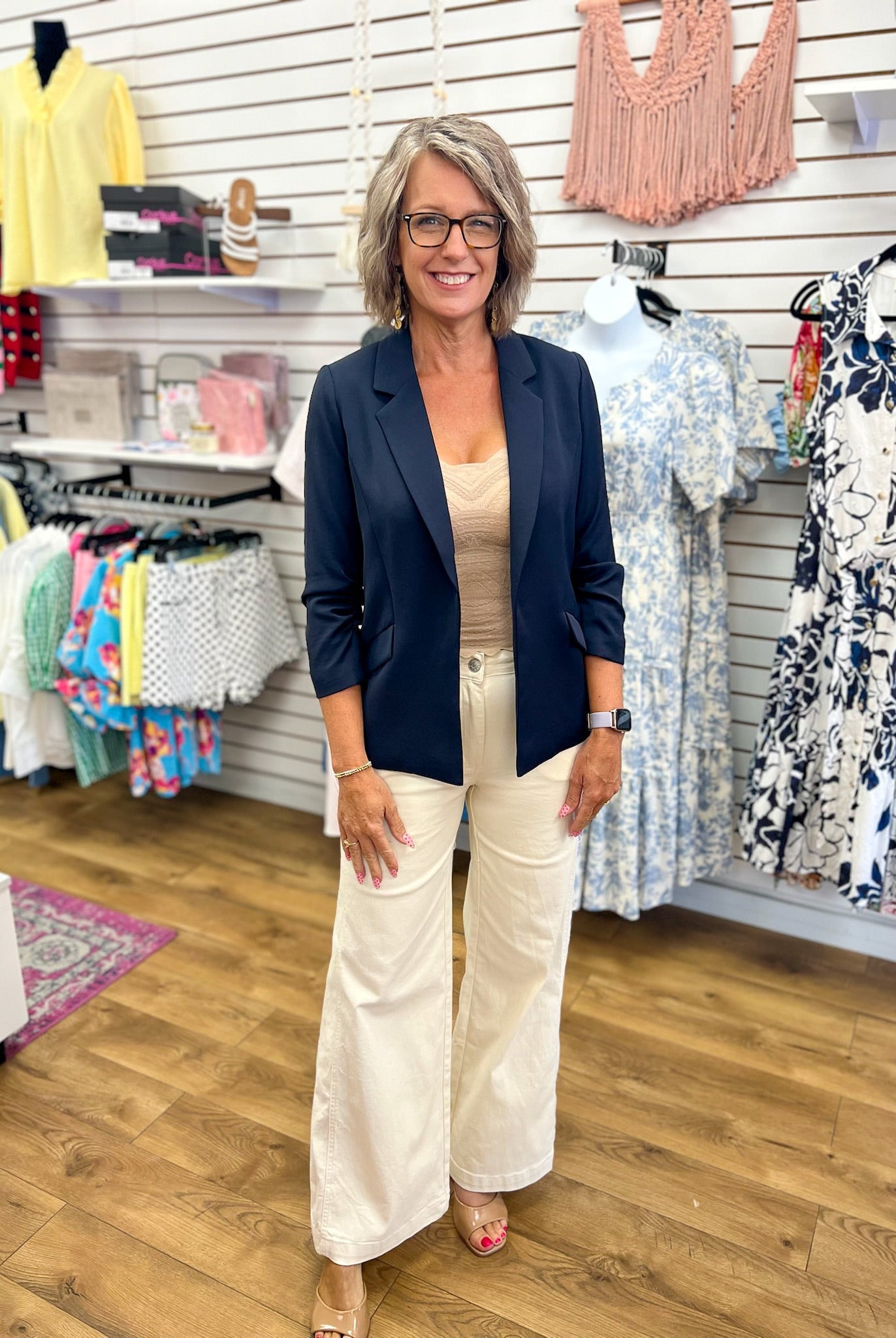 Navy Tailored Blazer with Shirred Sleeves - A'Bekah's Boutique