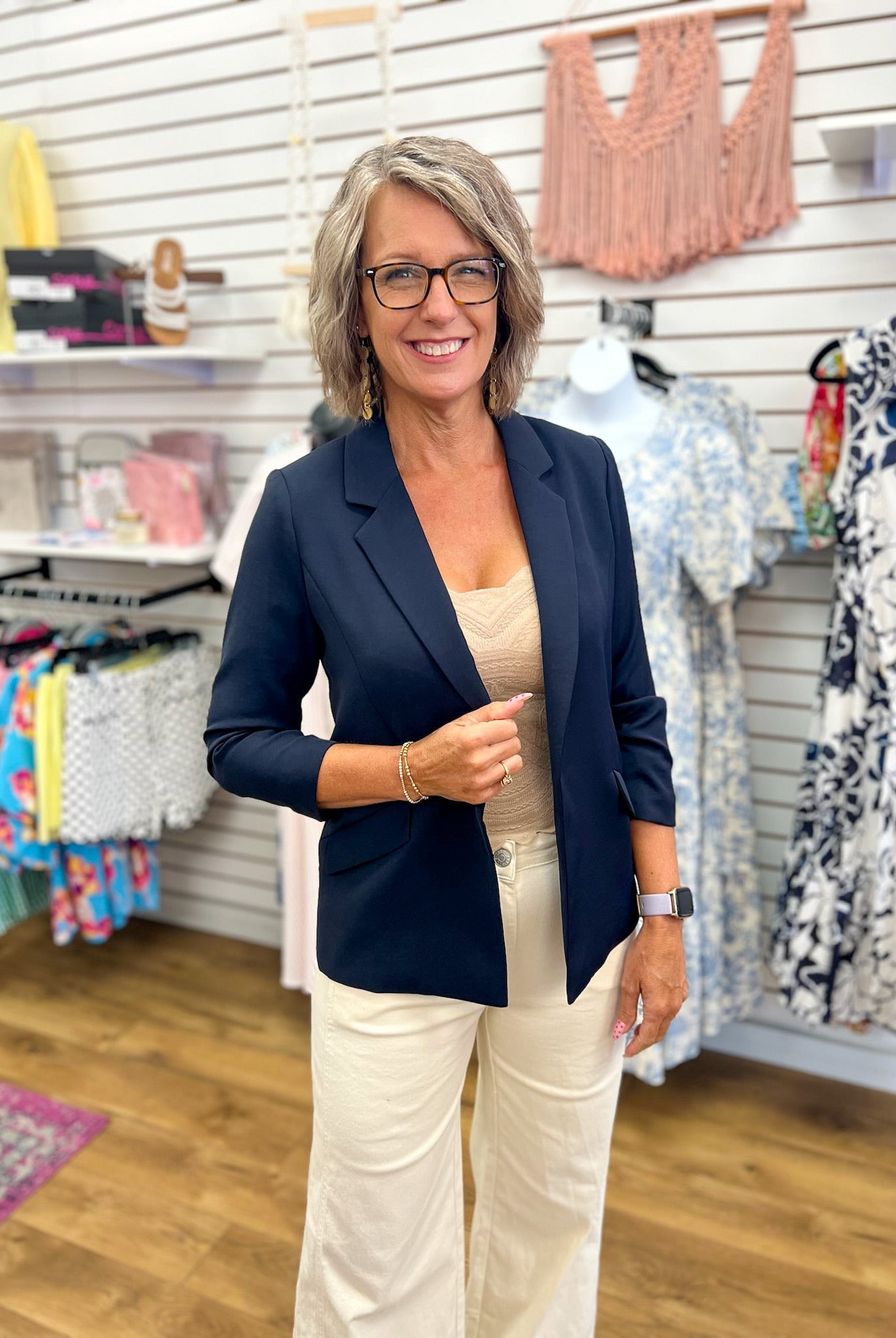 Navy Tailored Blazer with Shirred Sleeves - A'Bekah's Boutique
