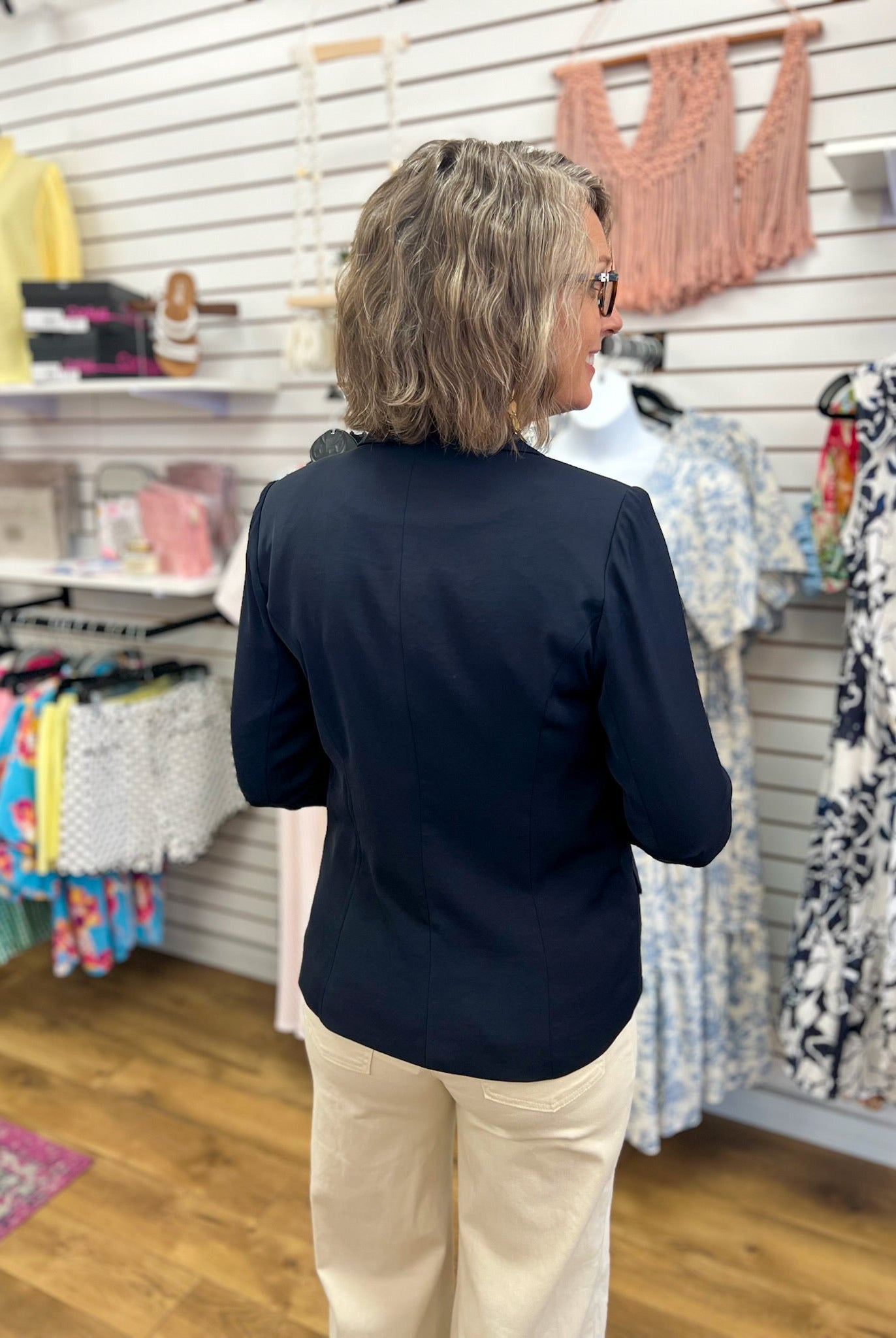 Navy Tailored Blazer with Shirred Sleeves - A'Bekah's Boutique