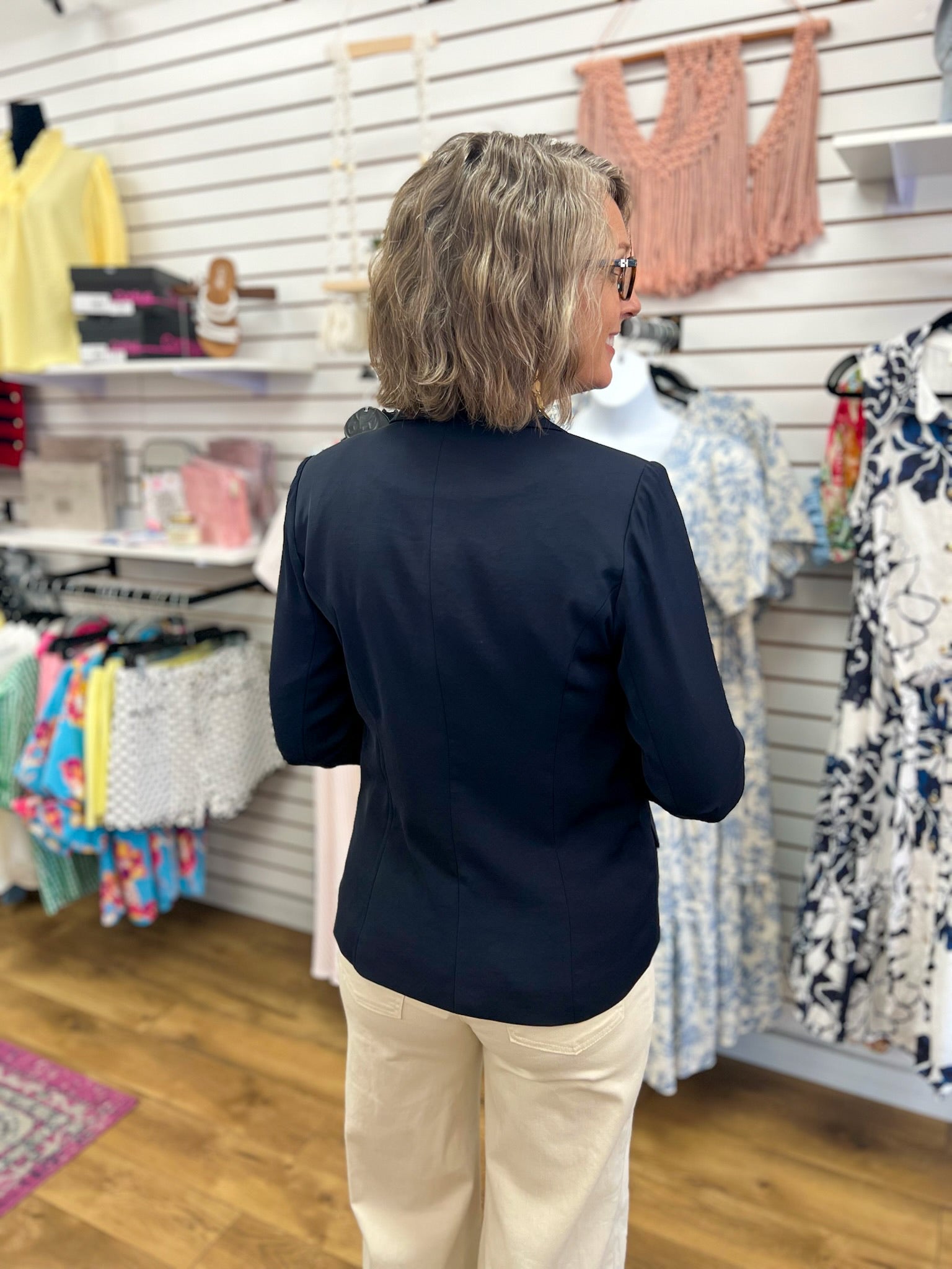 Navy Tailored Blazer with Shirred Sleeves - A'Bekah's Boutique