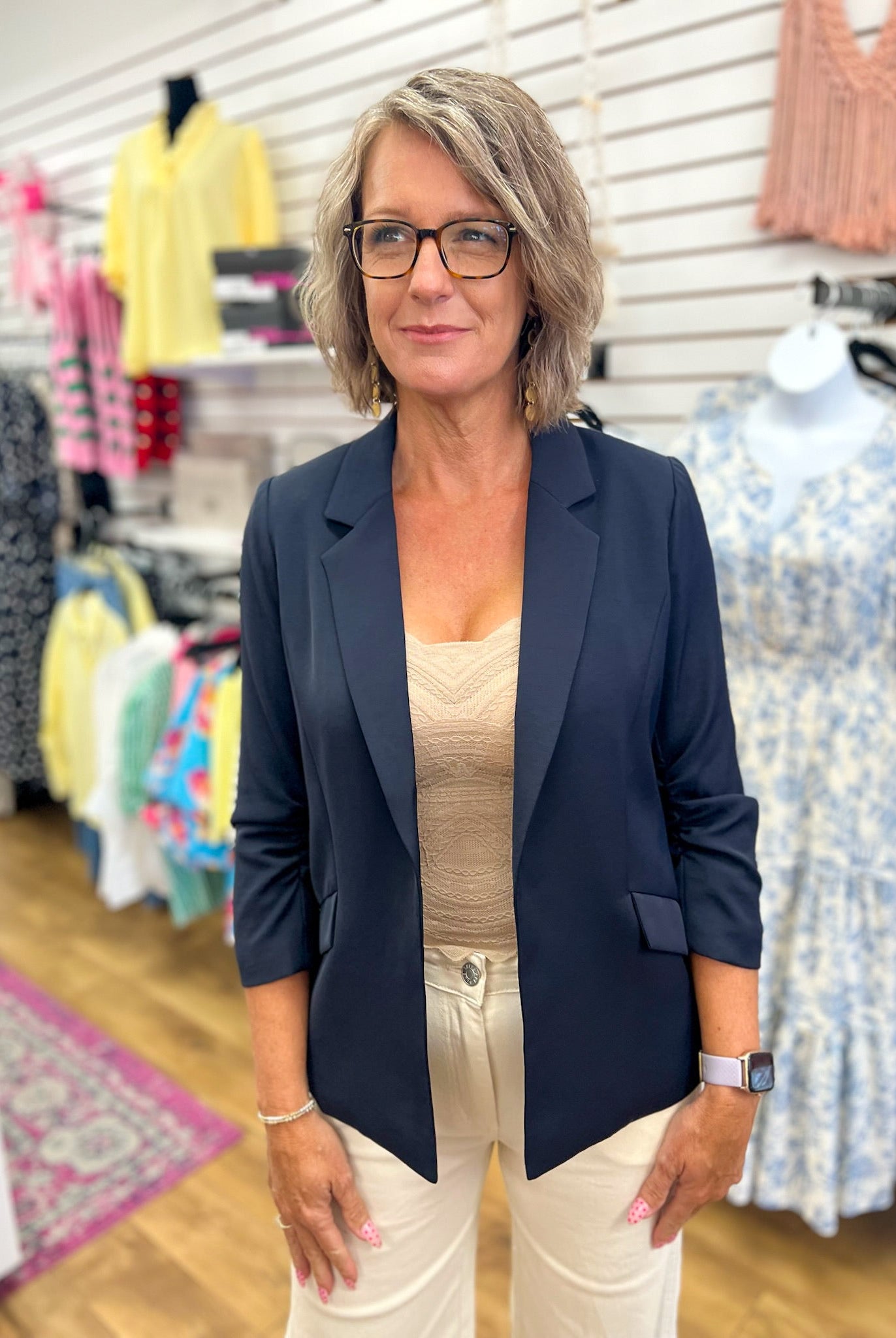 Navy Tailored Blazer with Shirred Sleeves - A'Bekah's Boutique