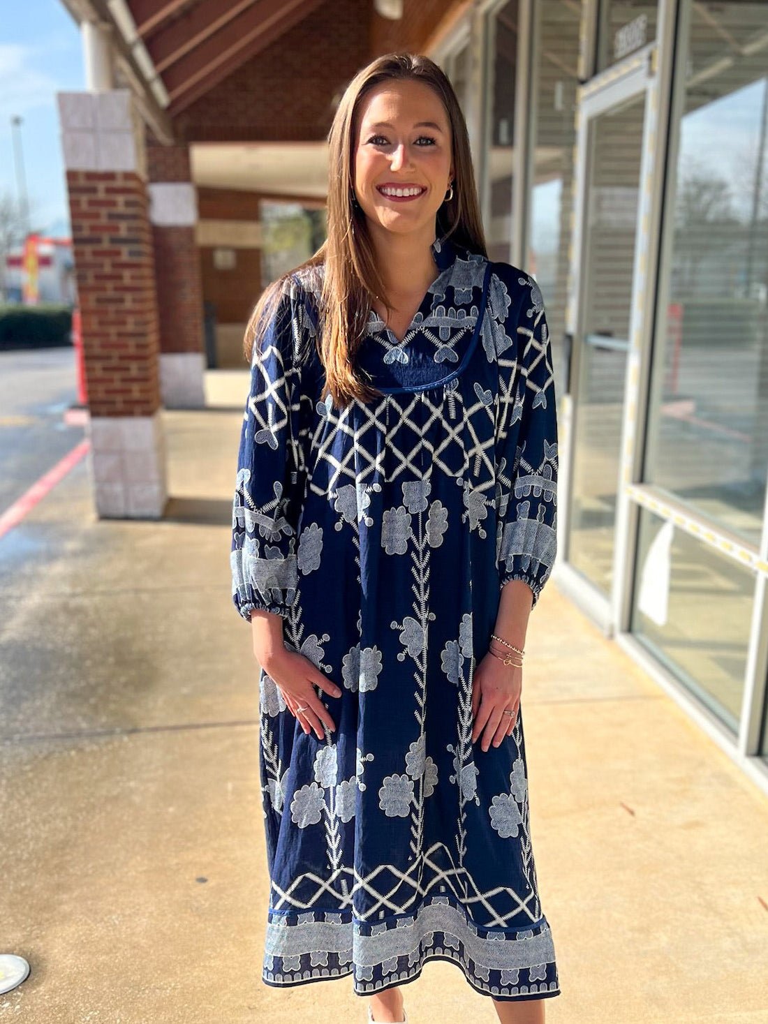 Navy Tribal Print Midi Dress with Contrast Piping - A'Bekah's Boutique