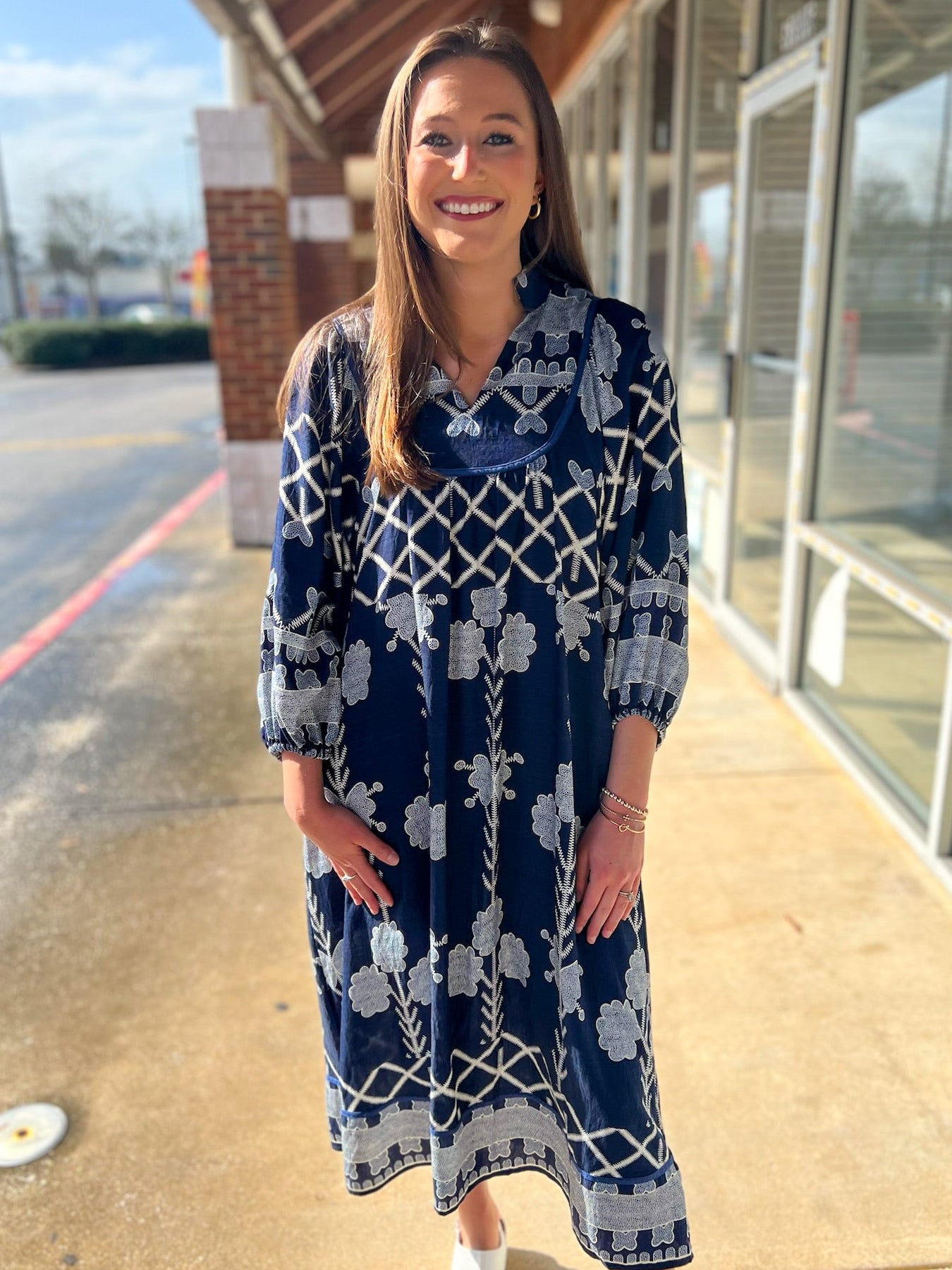 Navy Tribal Print Midi Dress with Contrast Piping - A'Bekah's Boutique