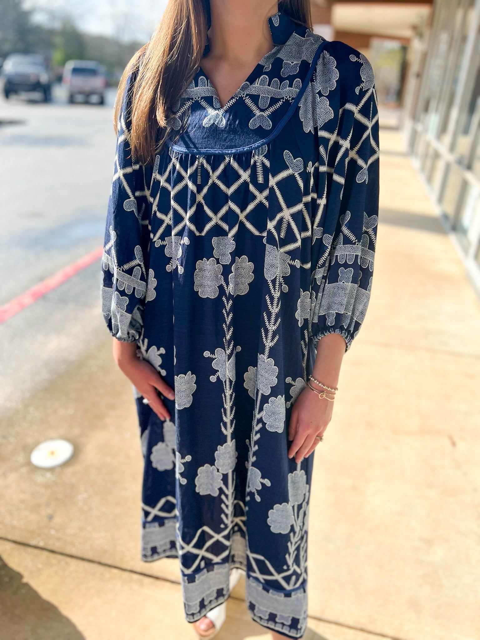 Navy Tribal Print Midi Dress with Contrast Piping - A'Bekah's Boutique