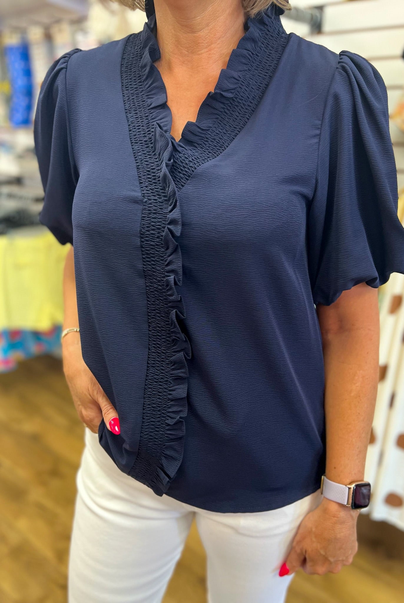 Navy V-Neck Ruffle Trim Top with Short Puff Sleeves - A'Bekah's Boutique