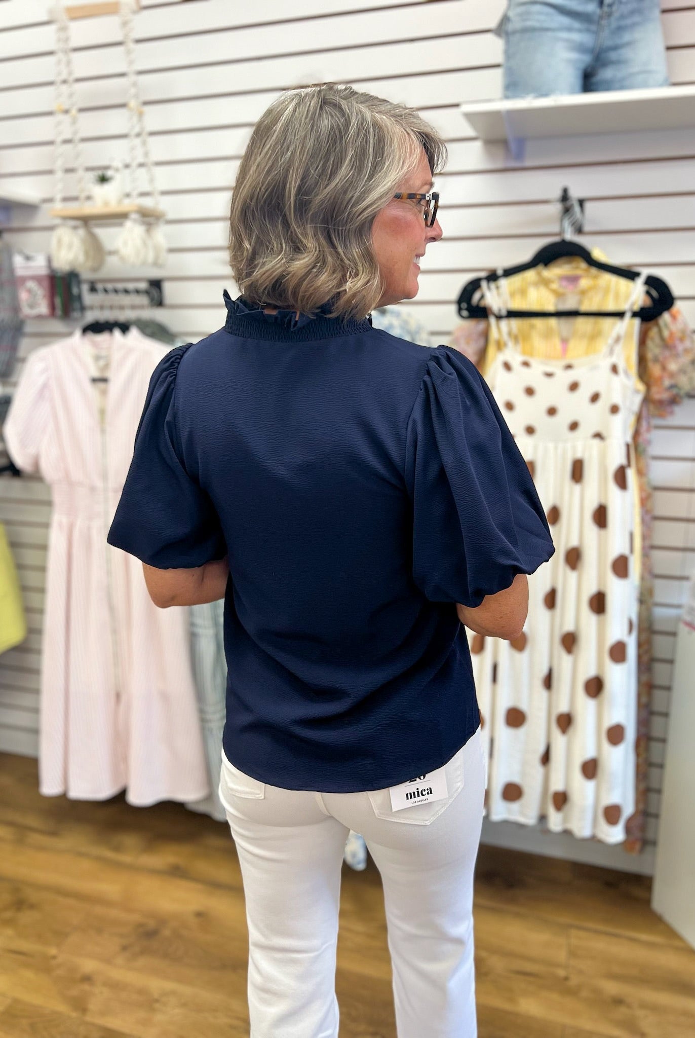 Navy V-Neck Ruffle Trim Top with Short Puff Sleeves - A'Bekah's Boutique