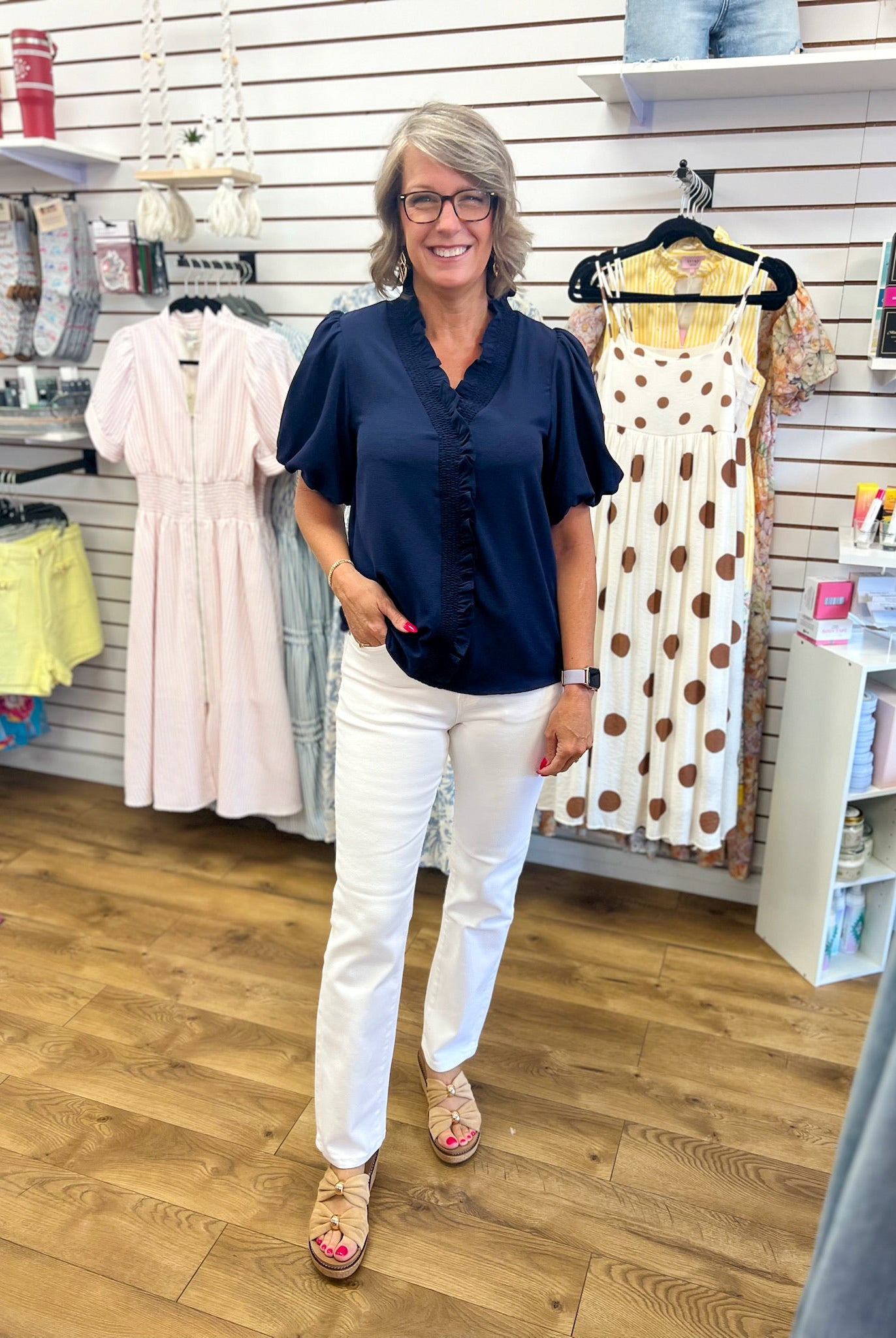Navy V-Neck Ruffle Trim Top with Short Puff Sleeves - A'Bekah's Boutique
